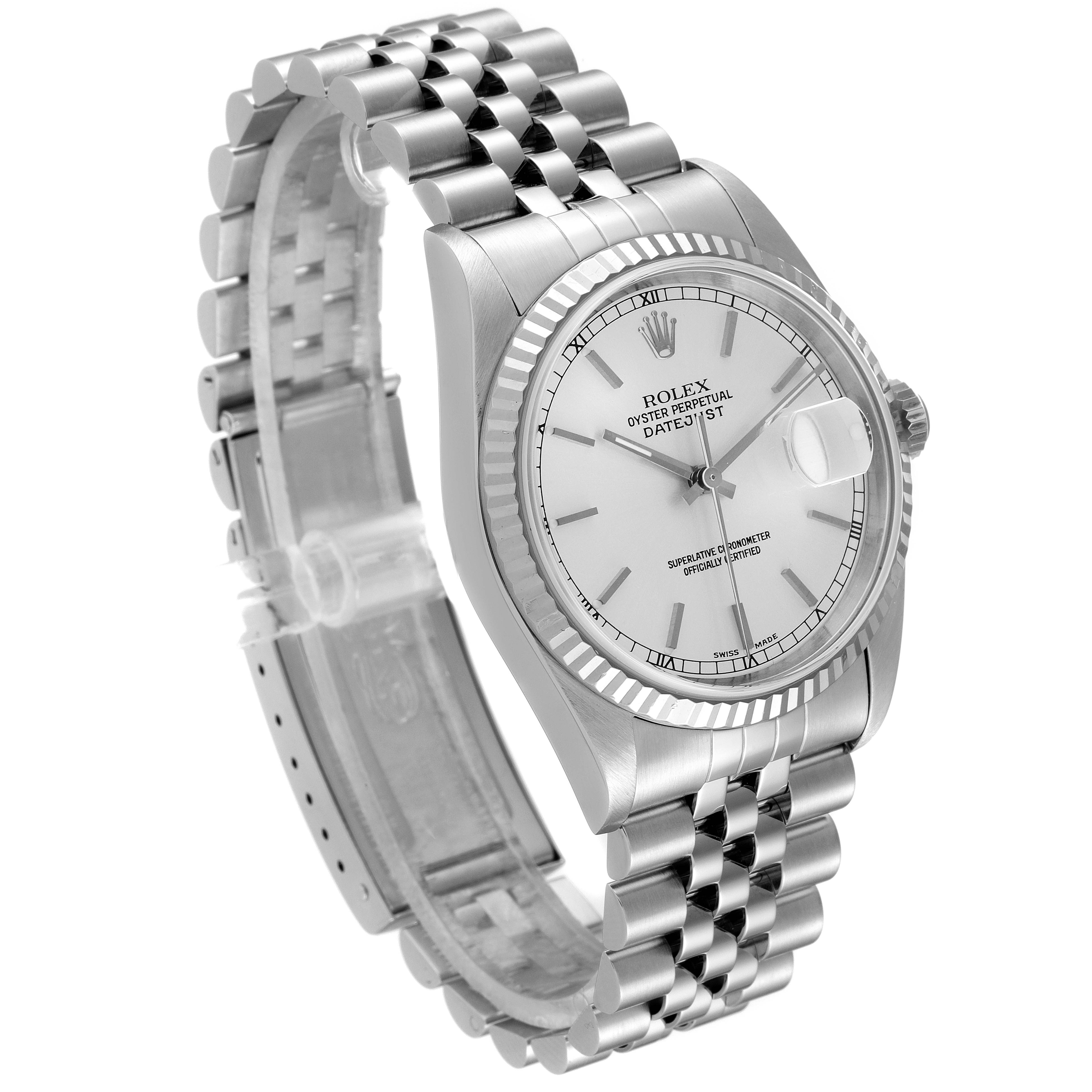 The image shows a side-angle view of a Rolex Datejust 16234 Men's Stainless Steel Silver Dial 16234 Men's Stainless Steel Silver Dial Watch featuring its face, bezel, crown, and bracelet.