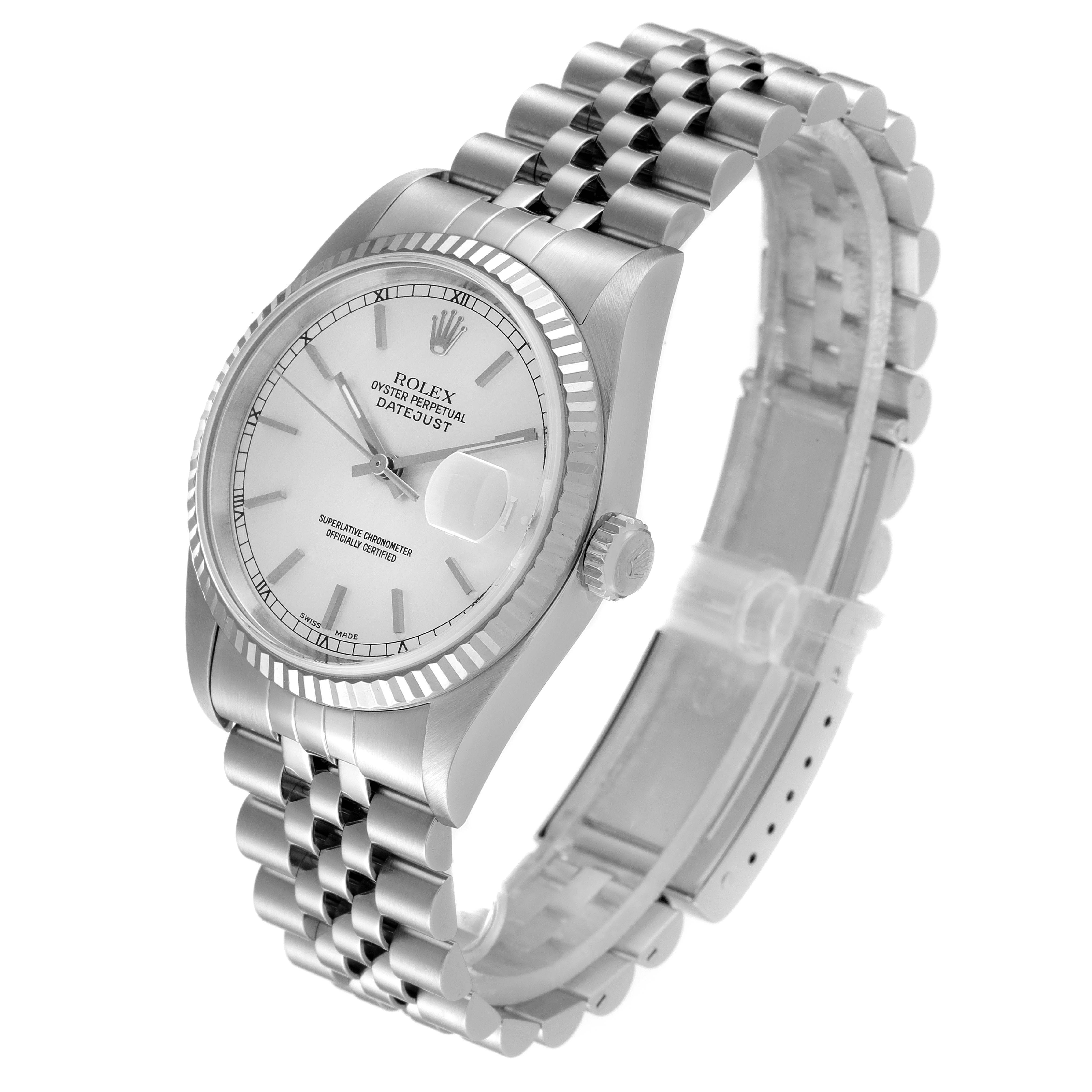 The Rolex Datejust 16234 Men's Stainless Steel Silver Dial 16234 Men's Stainless Steel Silver Dial watch is shown from a three-quarter angle, highlighting the face, bezel, crown, and Jubilee bracelet.