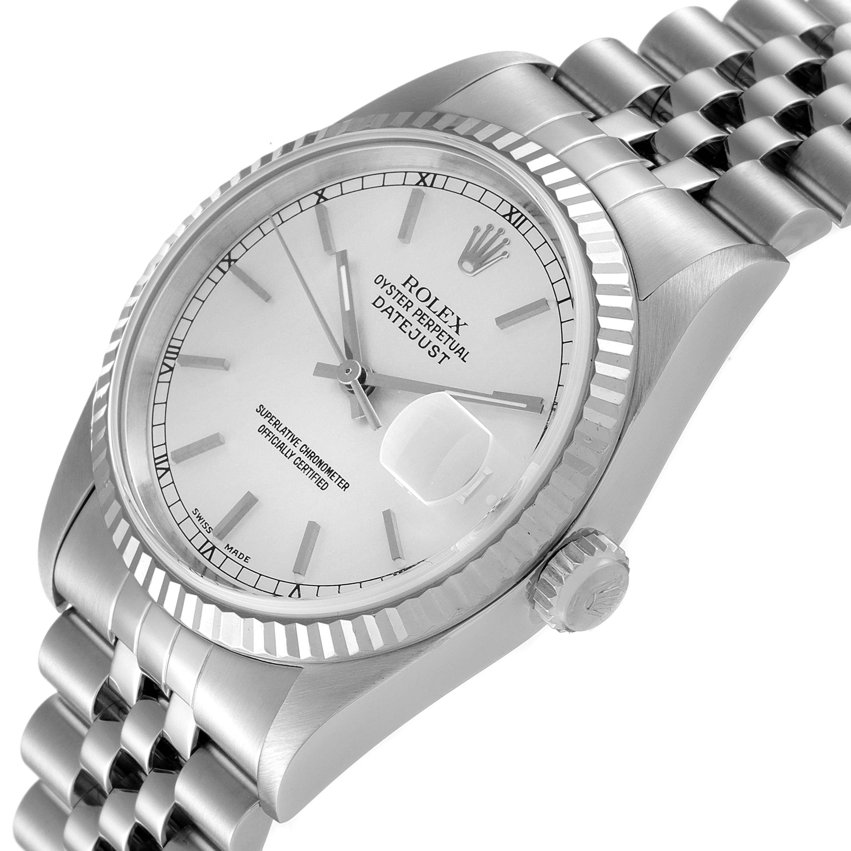This image shows a Rolex Datejust 16234 Men's Stainless Steel Silver Dial 16234 Men's Stainless Steel Silver Dial watch at an angled close-up, highlighting the dial, bezel, crown, and Jubilee bracelet.
