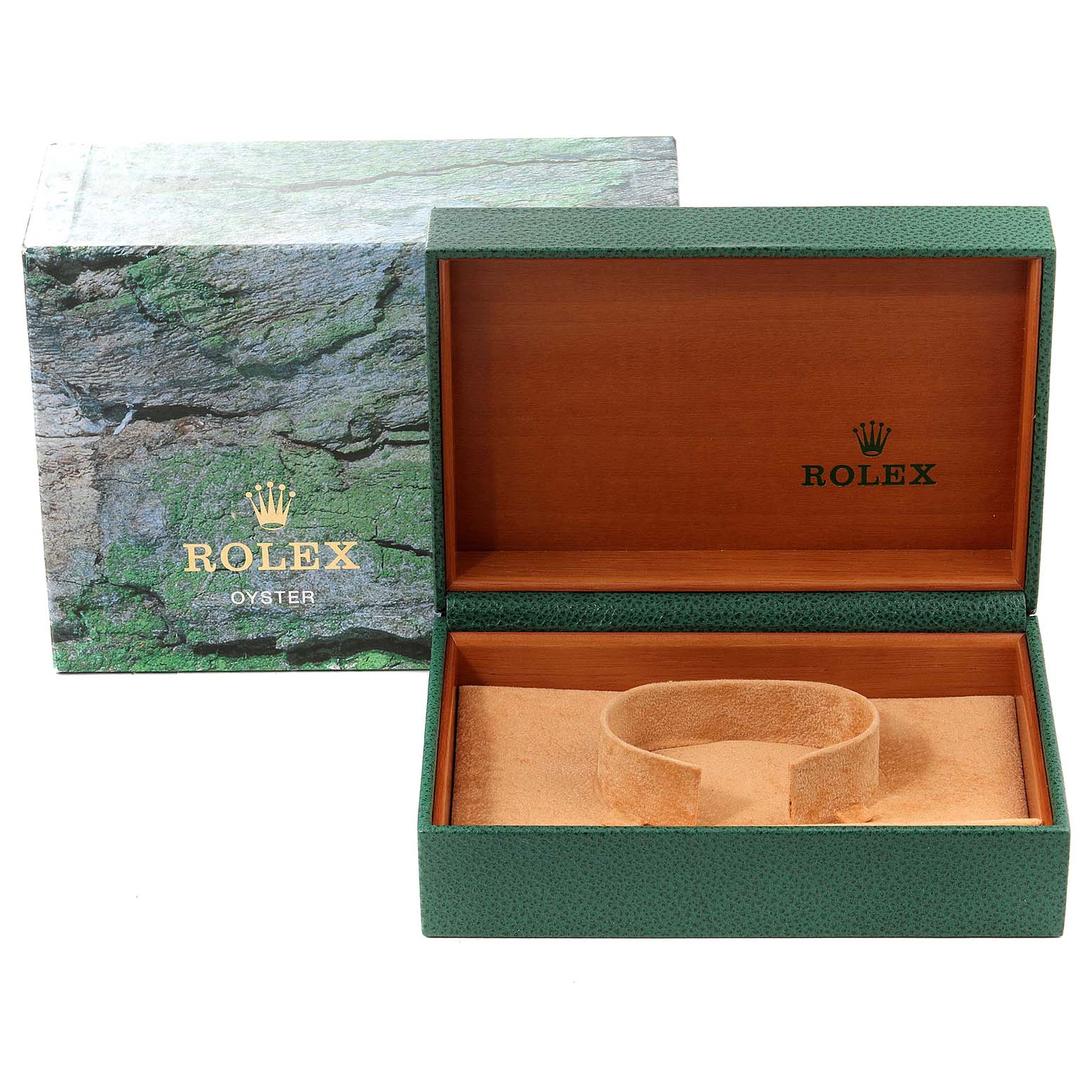 The image shows an open green and wooden Rolex box for the Datejust model, with the outer packaging also visible.