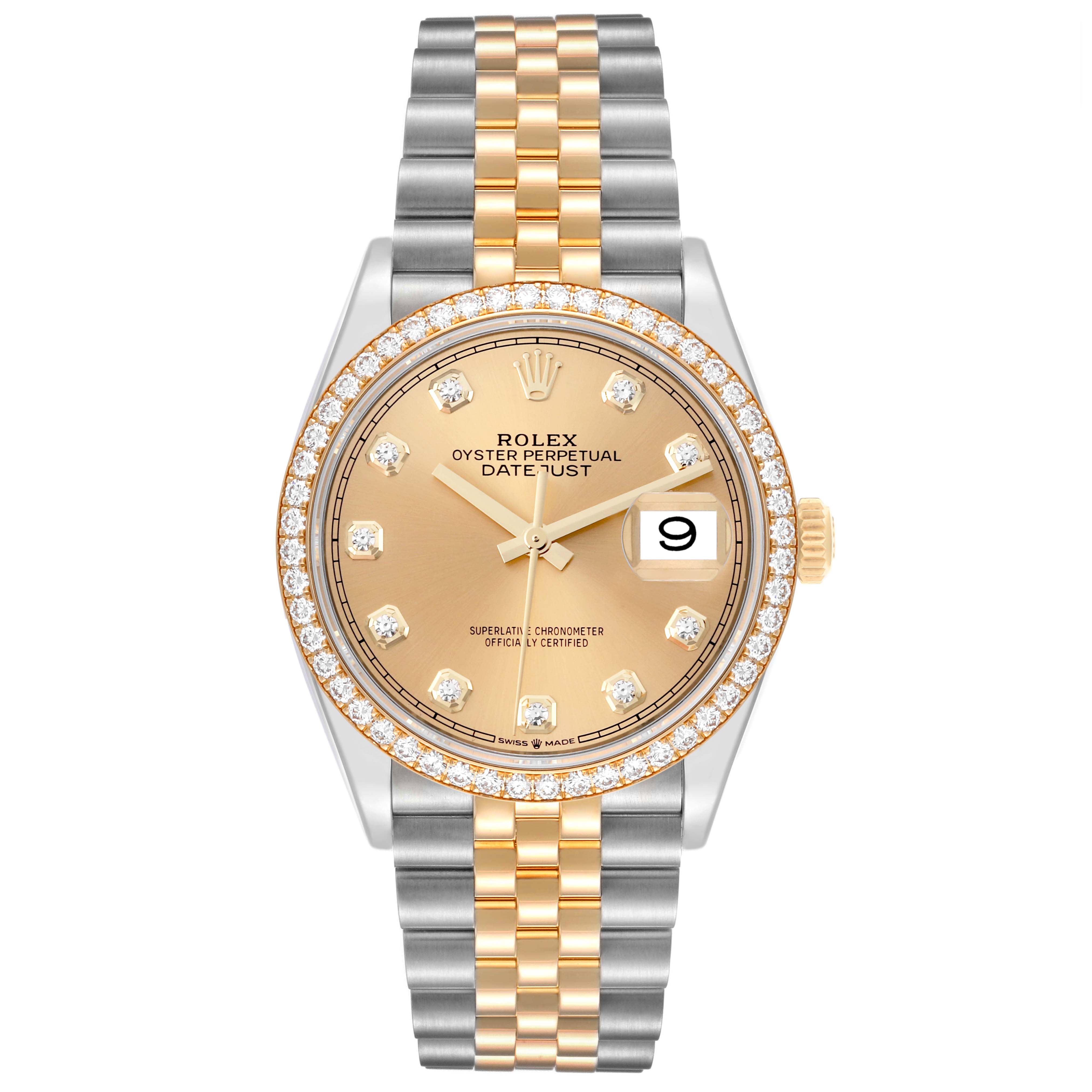 The Rolex Datejust 126283RBR Men's Steel and Gold (two tone) Champagne Dial 126283RBR Men's Steel and Gold (two tone) Champagne Dial watch is shown from a front angle, displaying its face, bezel, and the full bracelet.