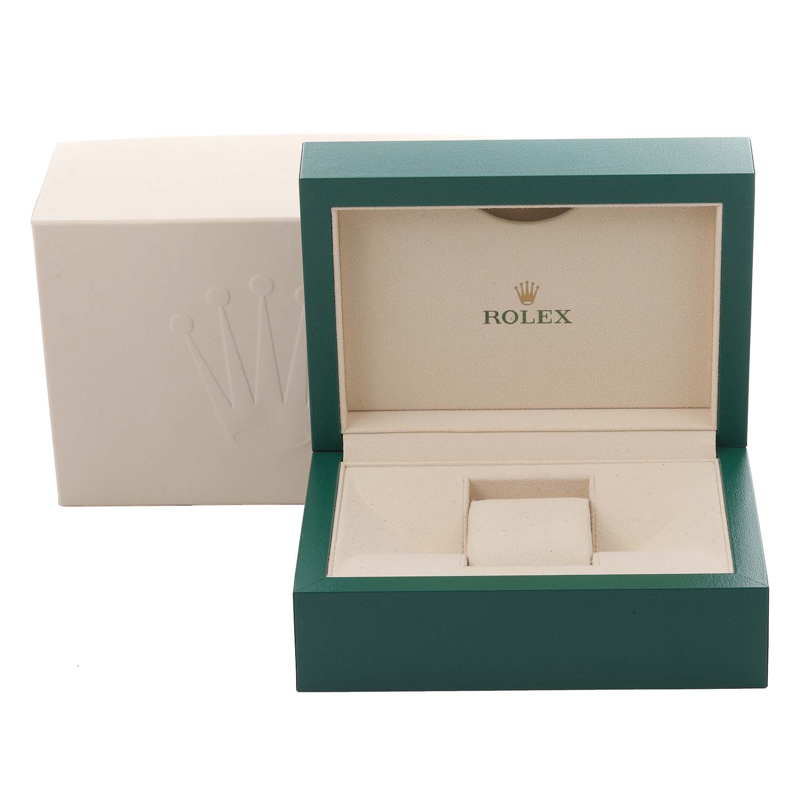 The image shows an open Rolex Datejust 126283RBR Men's Steel and Gold (two tone) Champagne Dial 126283RBR Men's Steel and Gold (two tone) Champagne Dial watch box from the front, highlighting the interior and outer box.