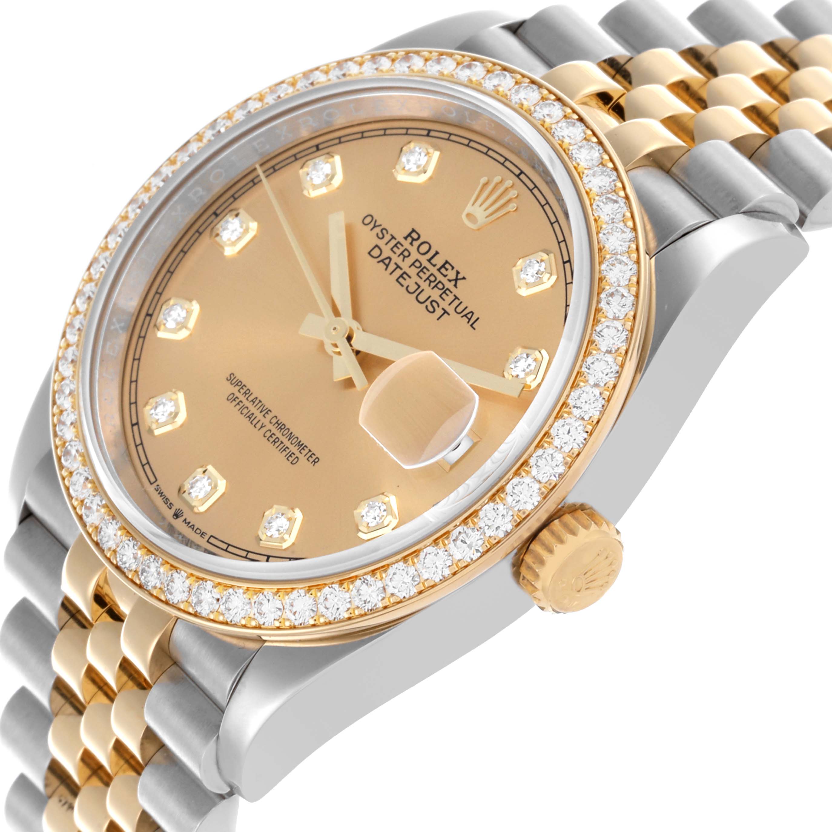 The Rolex Datejust 126283RBR Men's Steel and Gold (two tone) Champagne Dial 126283RBR Men's Steel and Gold (two tone) Champagne Dial watch is shown at an angled view, highlighting the dial, bezel, crown, and part of the bracelet.