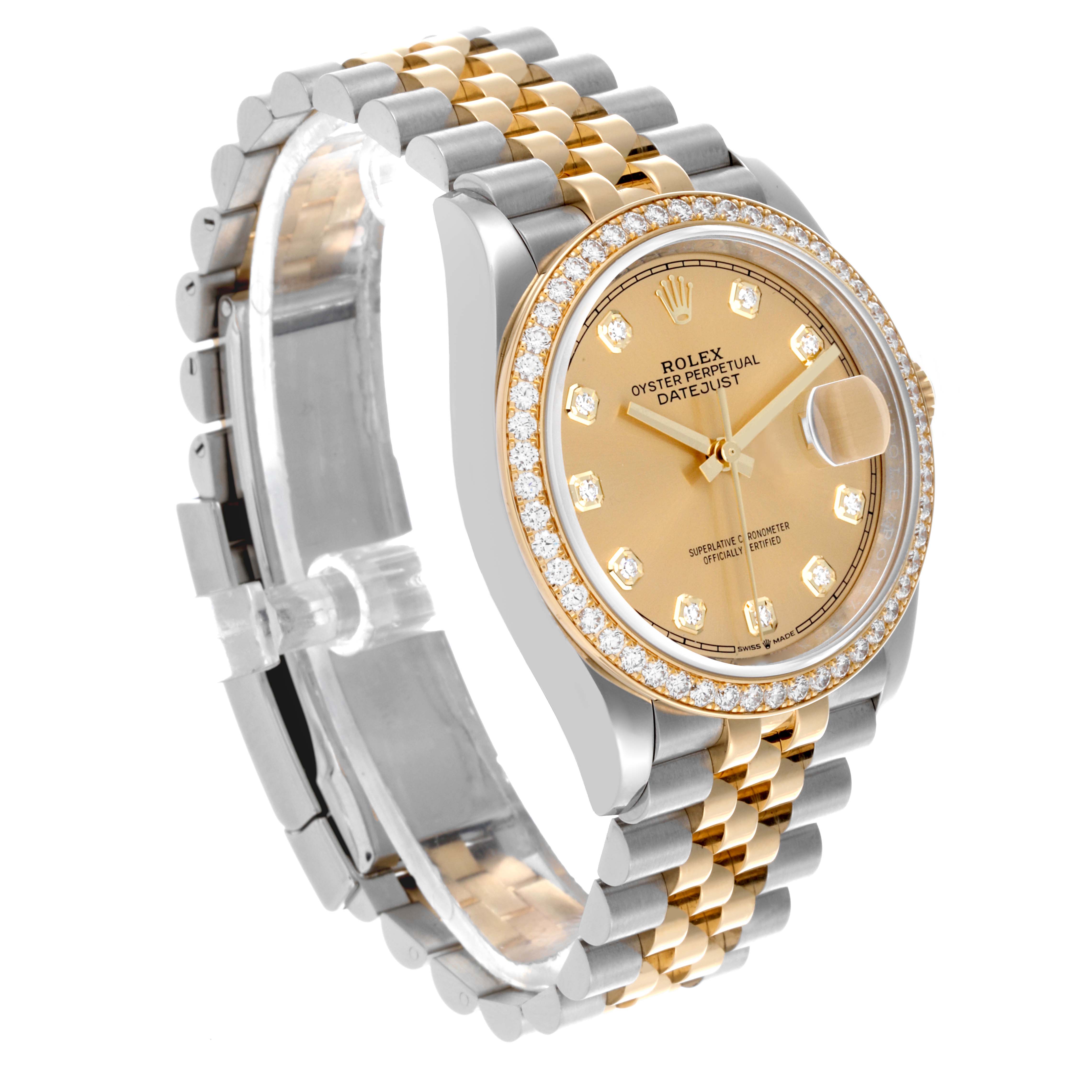The Rolex Datejust 126283RBR Men's Steel and Gold (two tone) Champagne Dial 126283RBR Men's Steel and Gold (two tone) Champagne Dial watch is shown at a three-quarter angle, highlighting the bezel, dial, and bracelet.