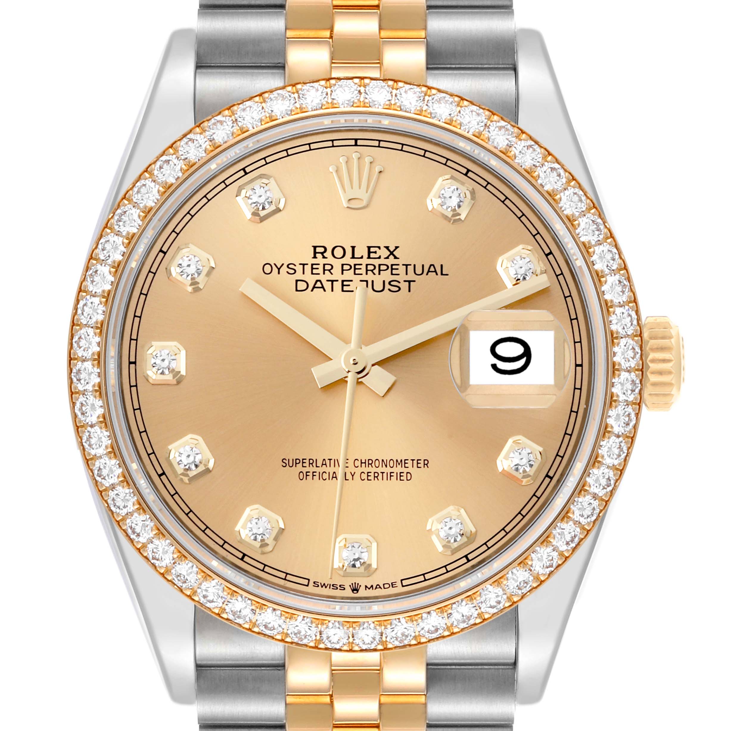 The Rolex Datejust 126283RBR Men's Steel and Gold (two tone) Champagne Dial 126283RBR Men's Steel and Gold (two tone) Champagne Dial watch is shown from the front, highlighting the dial, bezel, and part of the bracelet.
