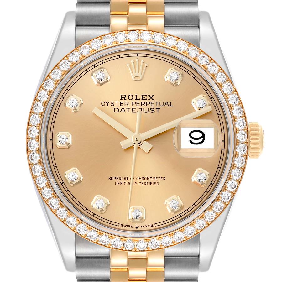 The Rolex Datejust watch is shown from the front, highlighting the dial, bezel, and part of the bracelet.