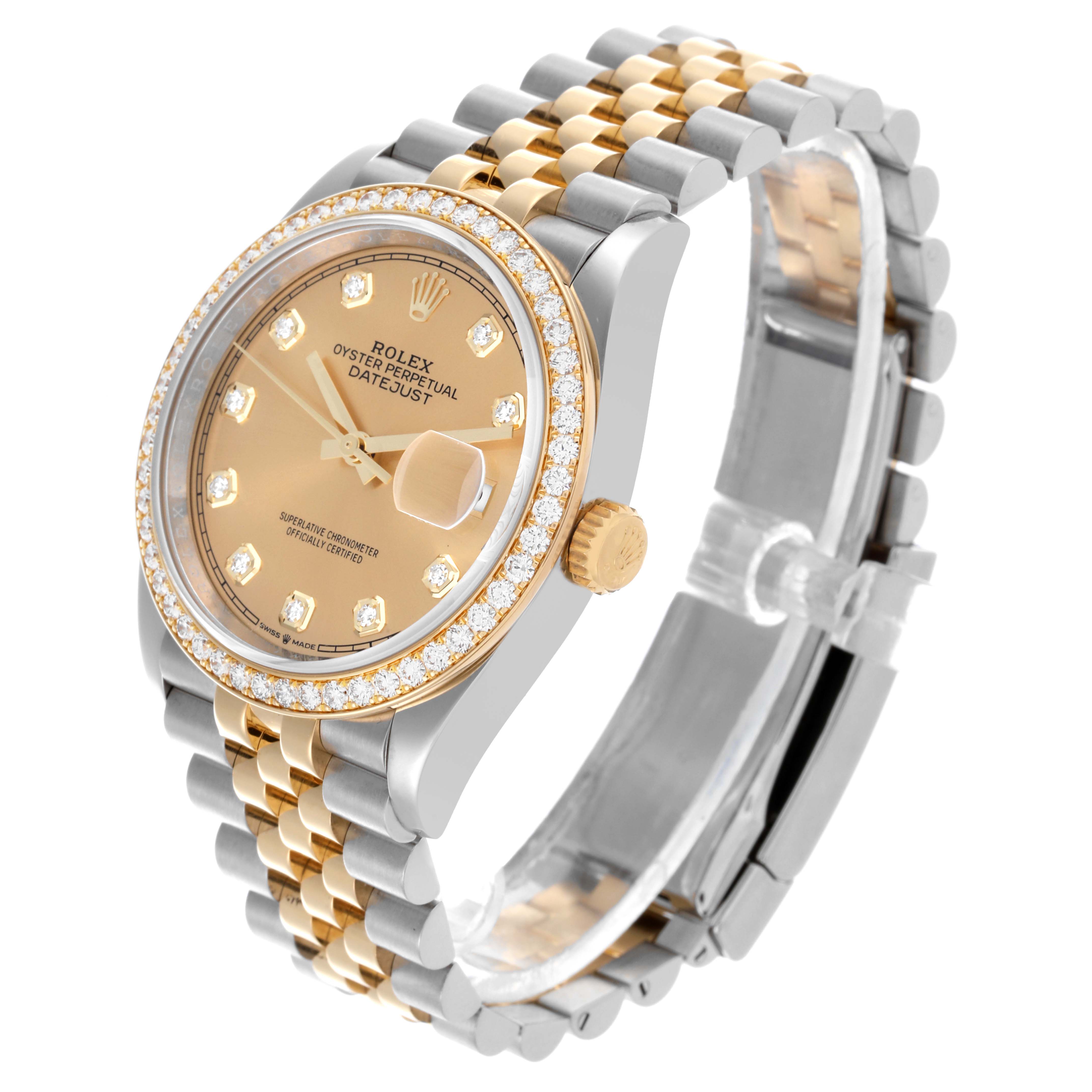 The Rolex Datejust 126283RBR Men's Steel and Gold (two tone) Champagne Dial 126283RBR Men's Steel and Gold (two tone) Champagne Dial watch is shown at a three-quarter angle, displaying the bezel, dial, bracelet, and crown.