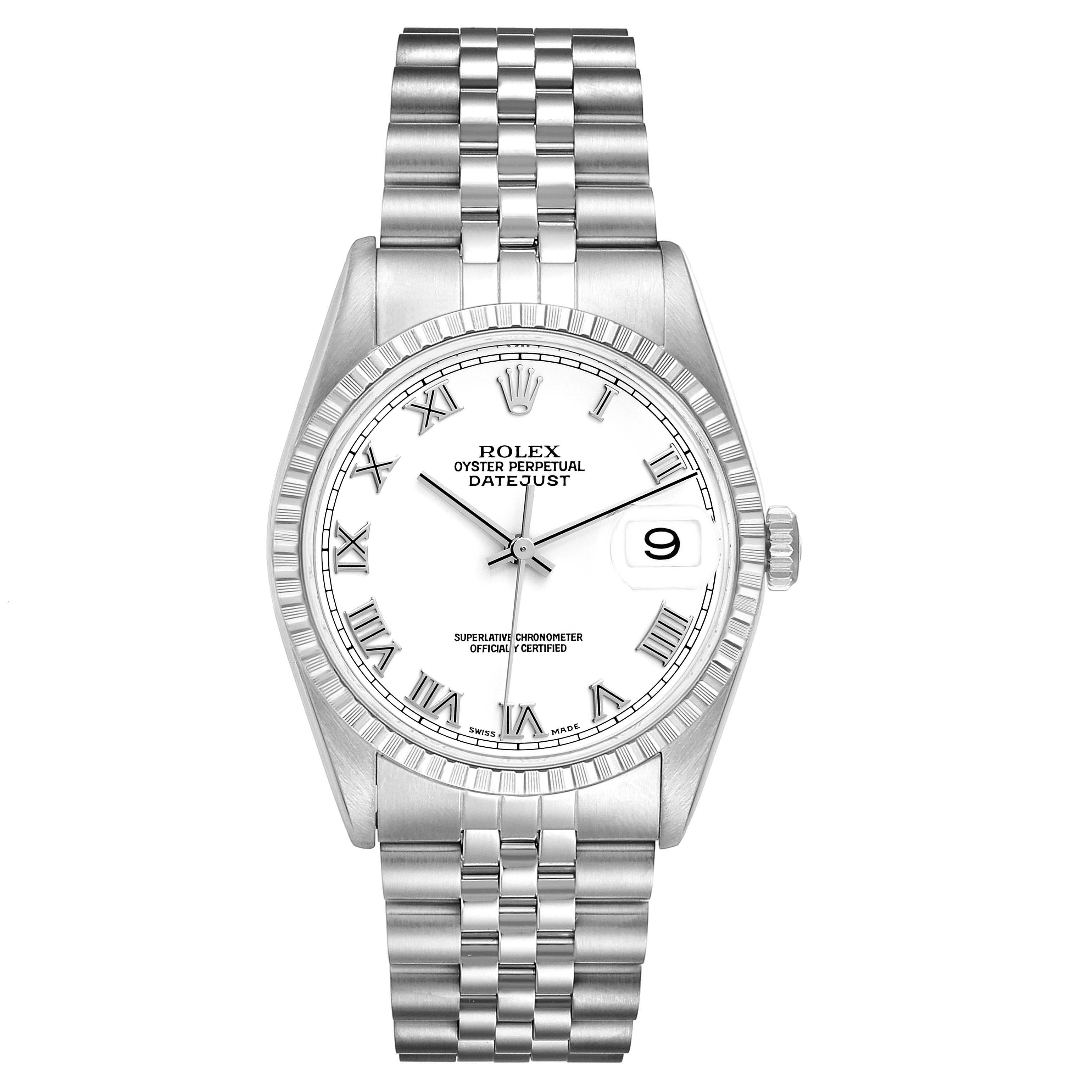 The image shows a front view of a Rolex Datejust 16220 Men's Stainless Steel White Dial 16220 Men's Stainless Steel White Dial watch, displaying its face, bezel, and bracelet.