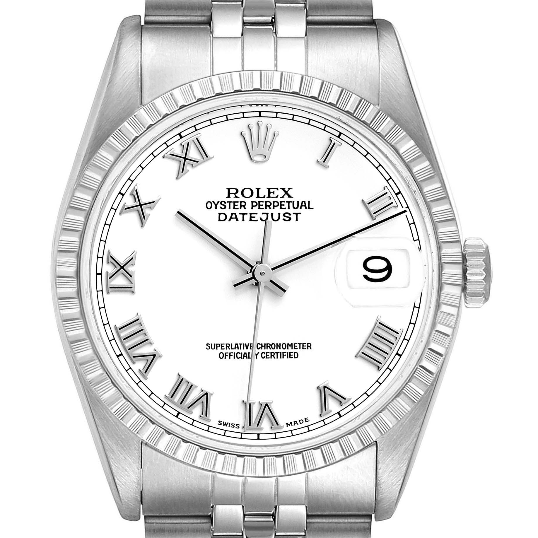 This image shows a front view of a Rolex Datejust 16220 Men's Stainless Steel White Dial 16220 Men's Stainless Steel White Dial watch, highlighting the face, bezel, crown, and part of the bracelet.