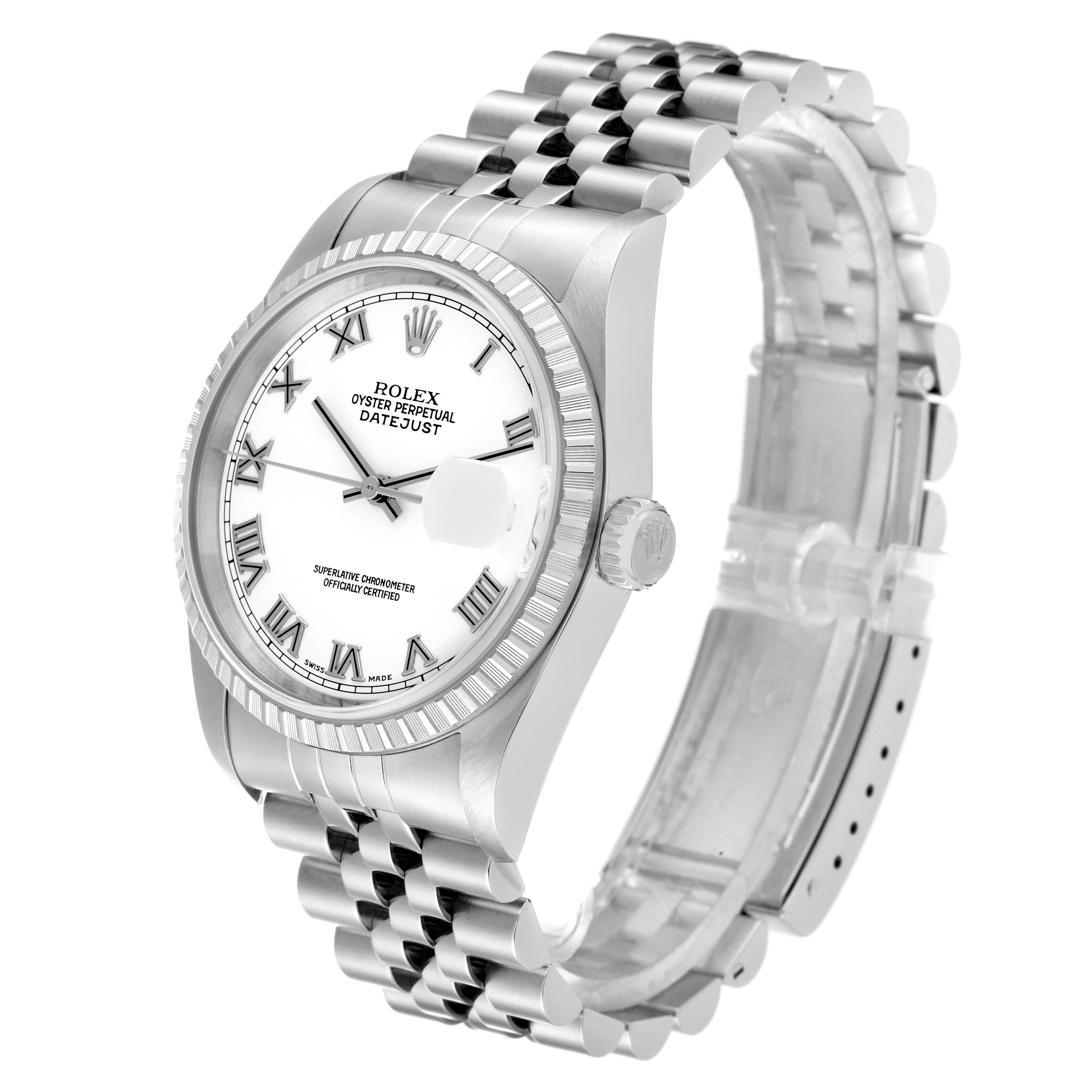 The image shows a Rolex Datejust 16220 Men's Stainless Steel White Dial 16220 Men's Stainless Steel White Dial watch angled to display the face, crown, and bracelet.