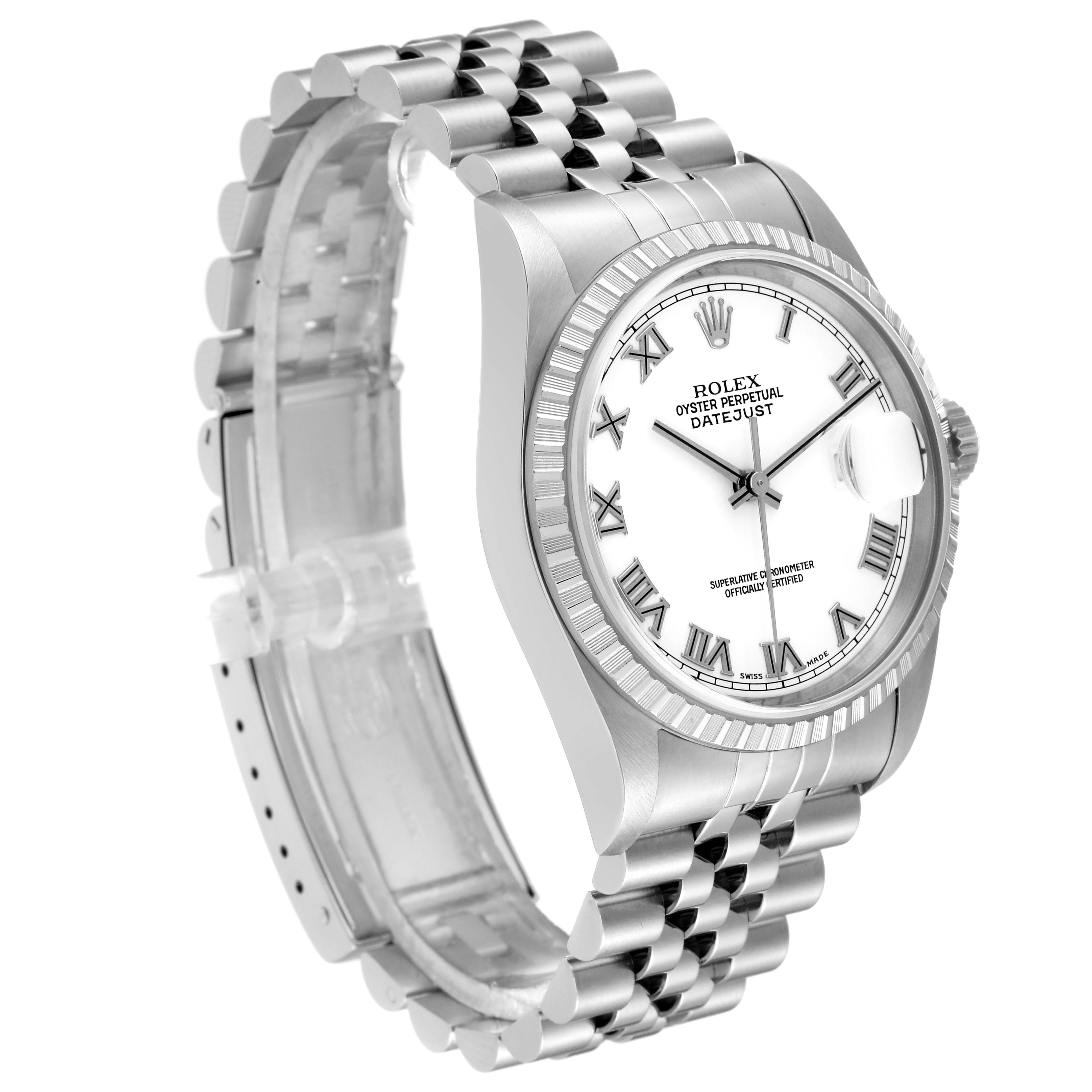 The image shows a Rolex Datejust 16220 Men's Stainless Steel White Dial 16220 Men's Stainless Steel White Dial watch at an angled side view, highlighting the dial, bezel, crown, and bracelet.