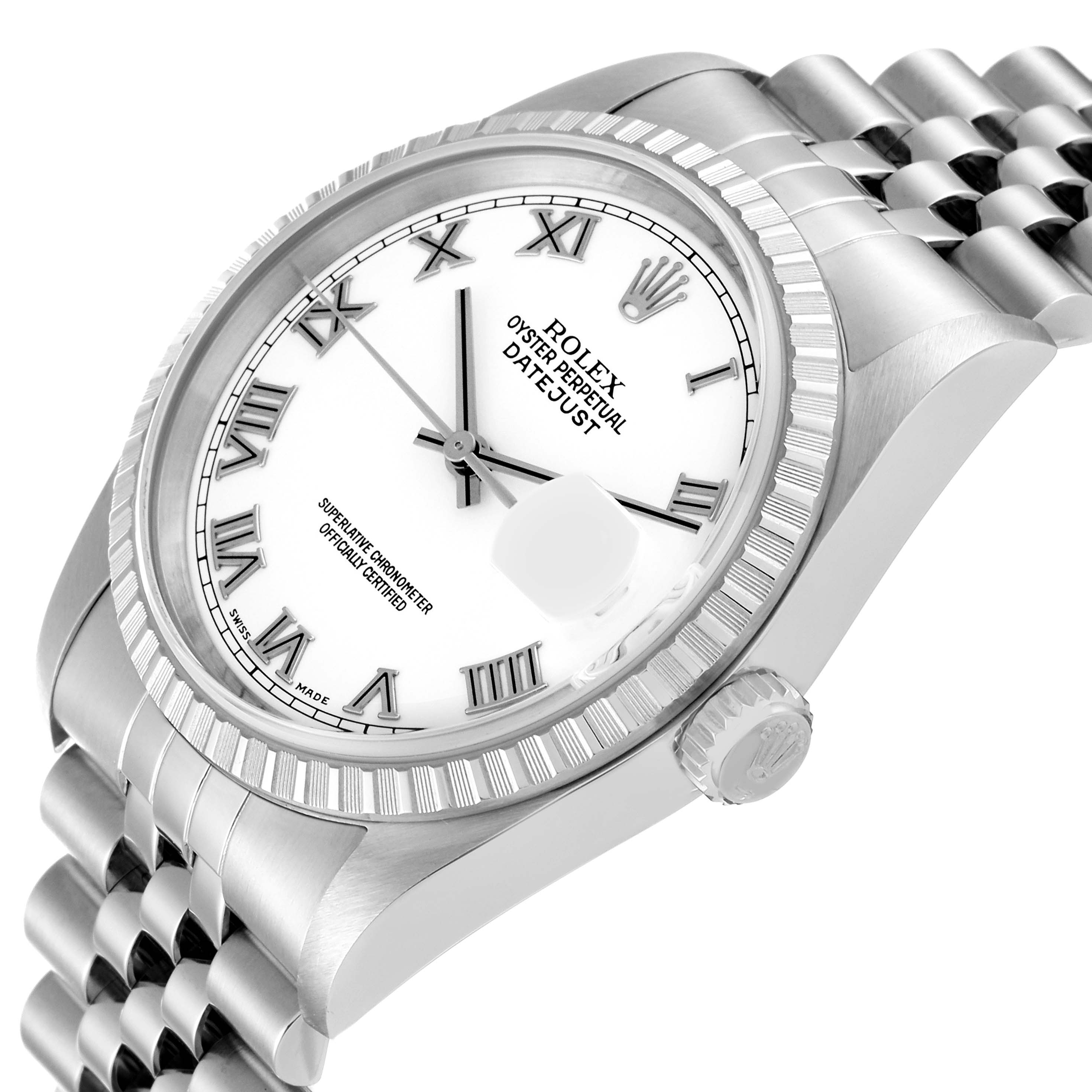 This image shows a Rolex Datejust 16220 Men's Stainless Steel White Dial 16220 Men's Stainless Steel White Dial watch at an angled view, highlighting the dial, case, fluted bezel, and bracelet.