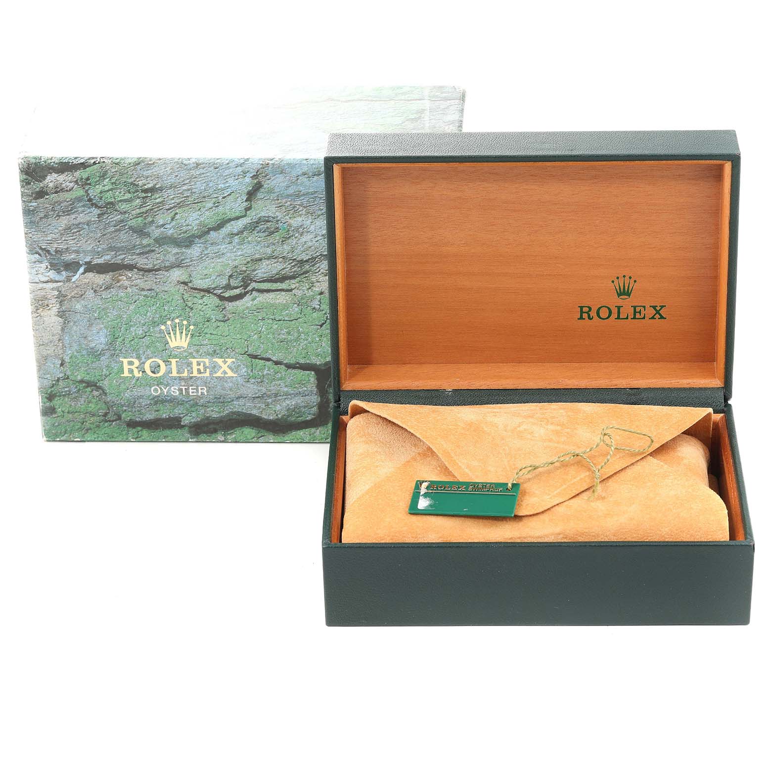 The image shows the open box and packaging of a Rolex Datejust 16220 Men's Stainless Steel White Dial 16220 Men's Stainless Steel White Dial model watch, revealing a cushion and tag inside.