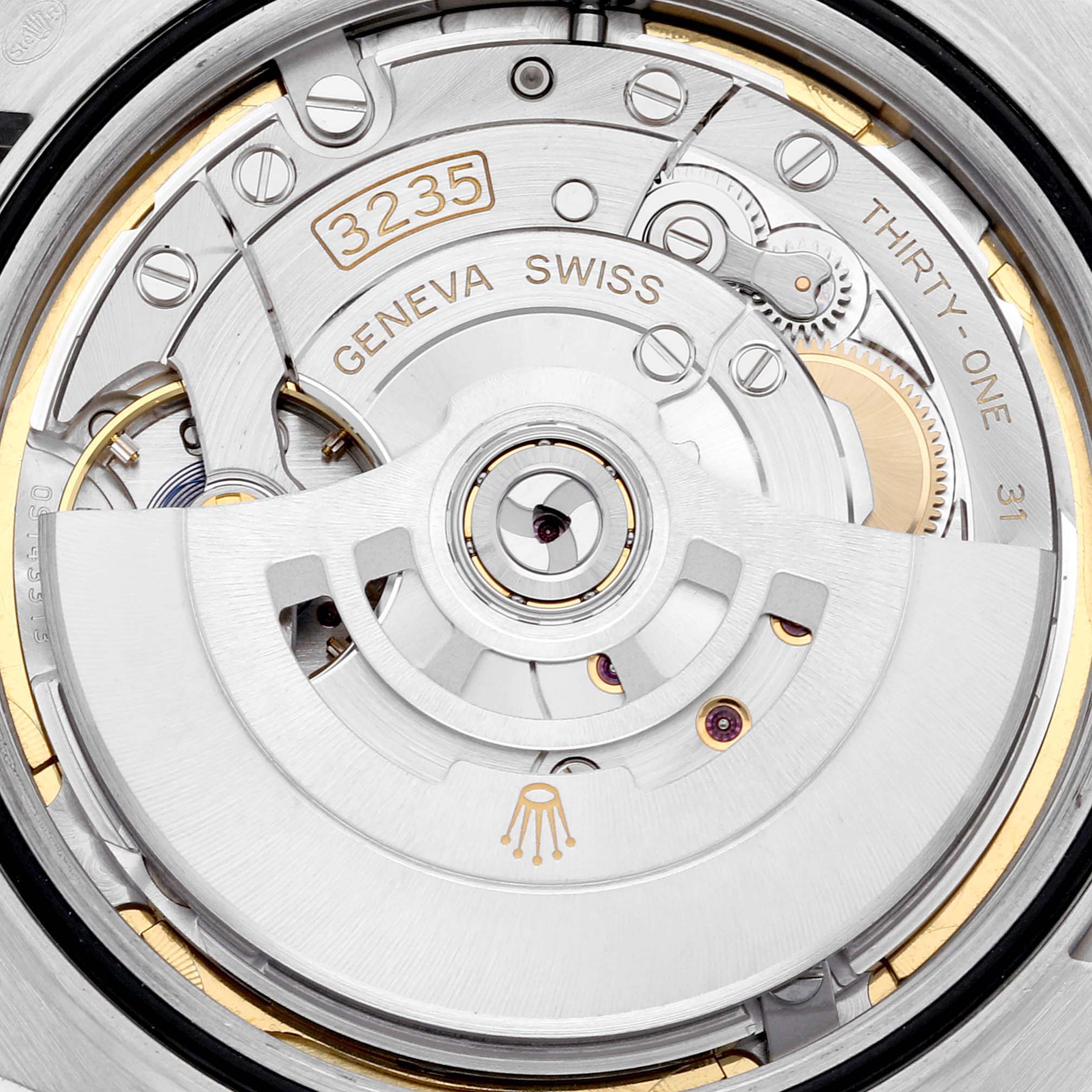 This image shows the intricate internal movement of the Rolex Datejust 41 126334 Men
s Stainless Steel Blue Dial 126334 Men
s Stainless Steel Blue Dial, highlighting its mechanical components.