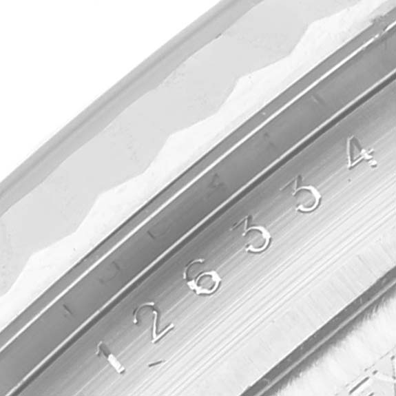 This image shows a close-up of the bezel and rehaut of the Rolex Datejust 41 126334 Men
s Stainless Steel Blue Dial 126334 Men
s Stainless Steel Blue Dial, highlighting numerals and detailed markings.