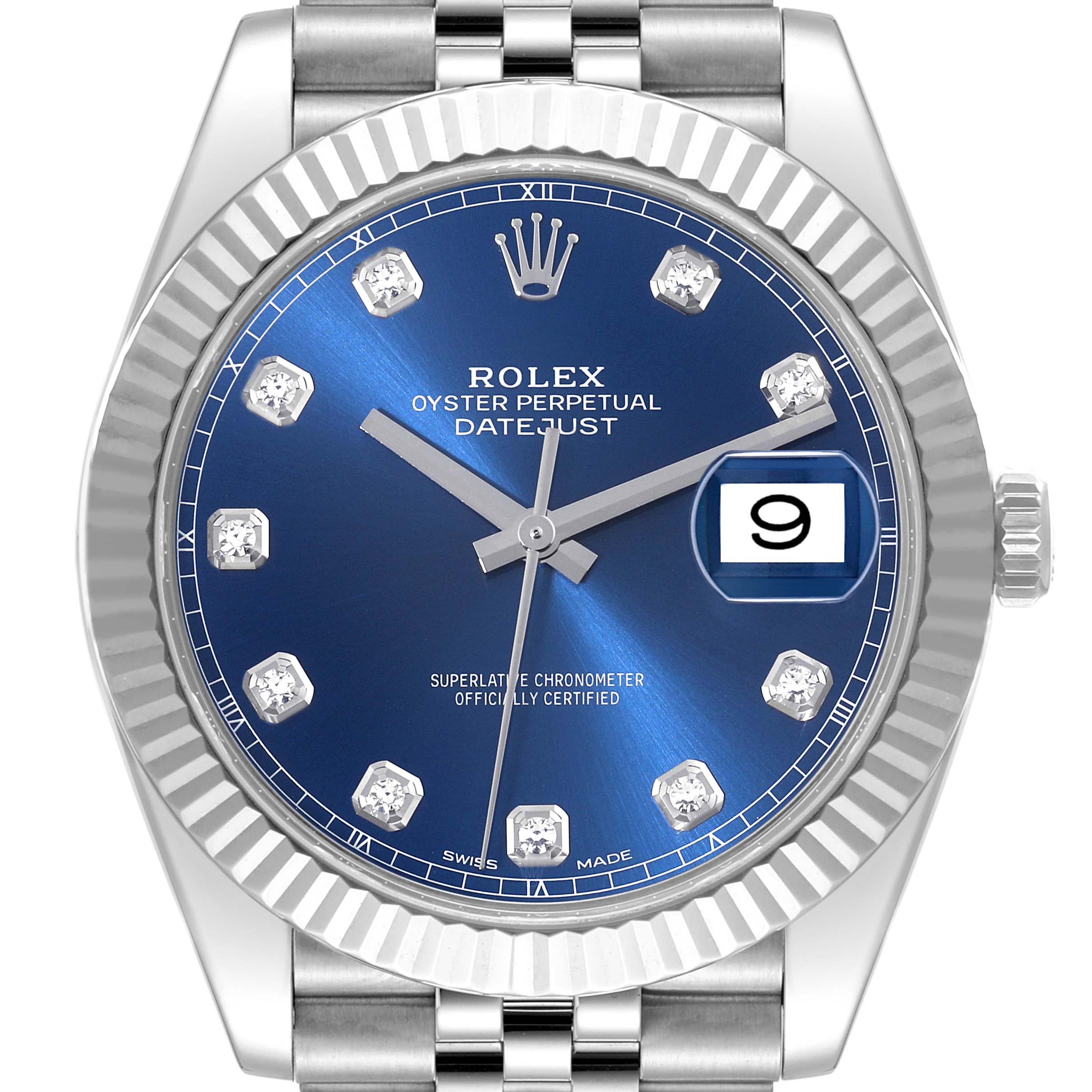 This is a front view of a Rolex Datejust 41 126334 Men
s Stainless Steel Blue Dial 126334 Men
s Stainless Steel Blue Dial watch, showing the dial, bezel, crown, and part of the bracelet.
