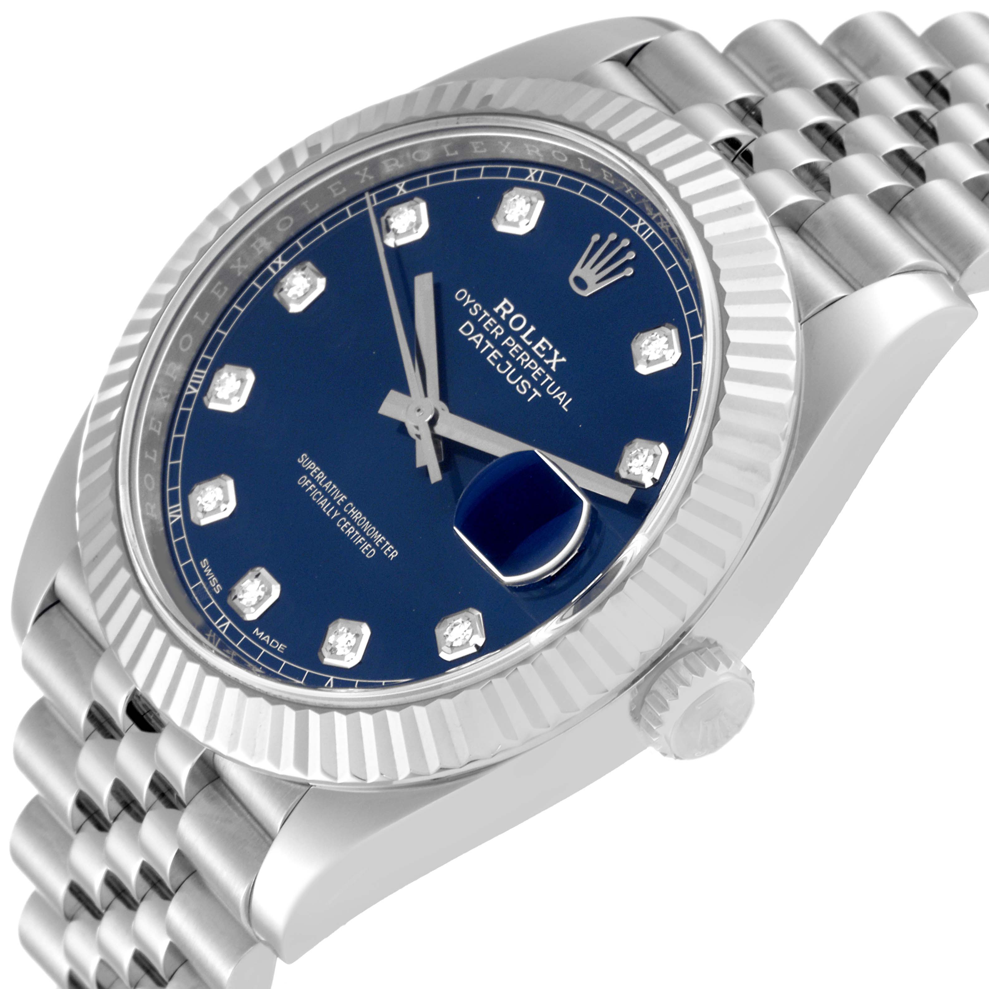 This image shows a close-up of a Rolex Datejust 41 126334 Men
s Stainless Steel Blue Dial 126334 Men
s Stainless Steel Blue Dial watch, highlighting the dial, bezel, crown, and part of the bracelet.