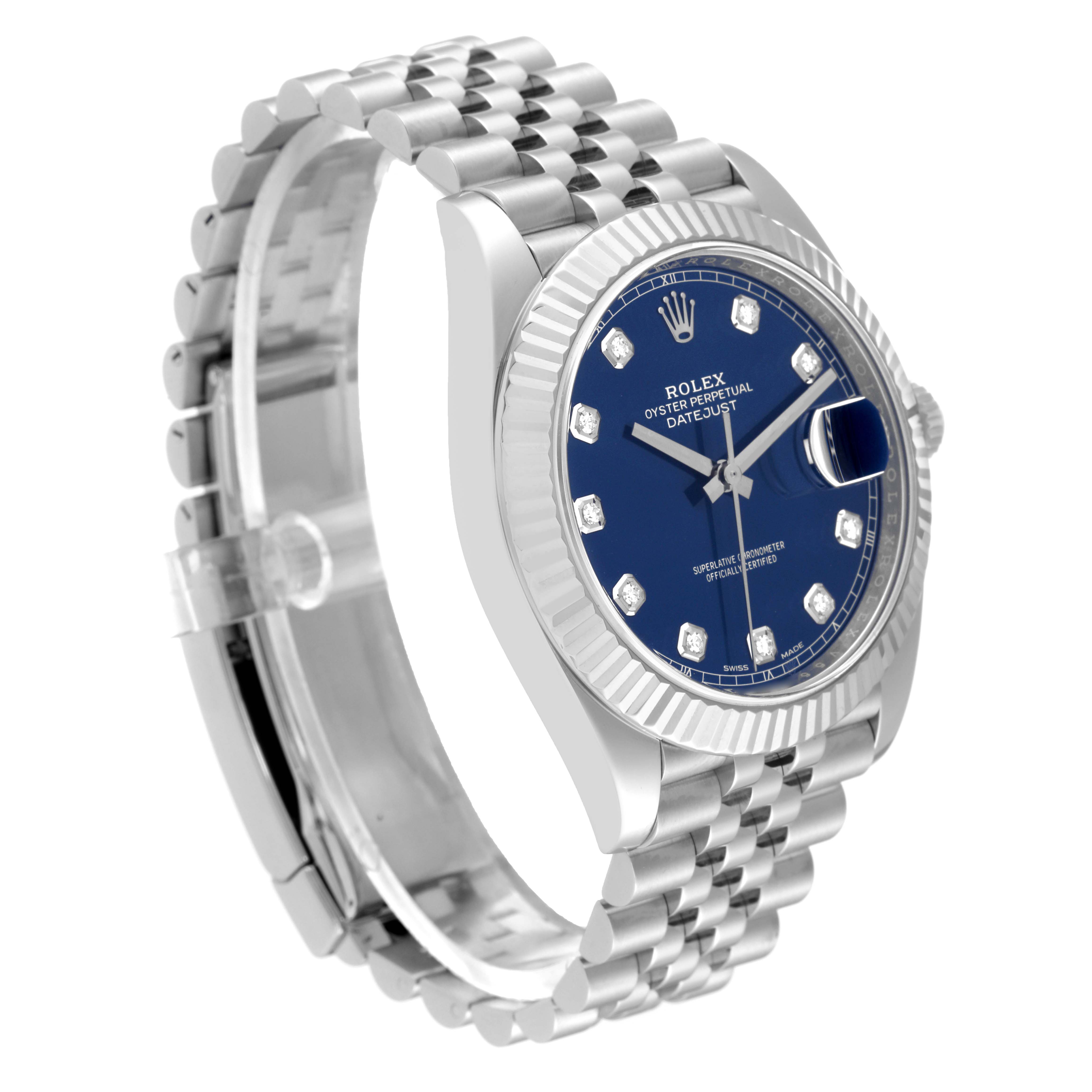 The Rolex Datejust 41 126334 Men
s Stainless Steel Blue Dial 126334 Men
s Stainless Steel Blue Dial watch is shown at an angle displaying the face, bezel, and stainless steel bracelet.