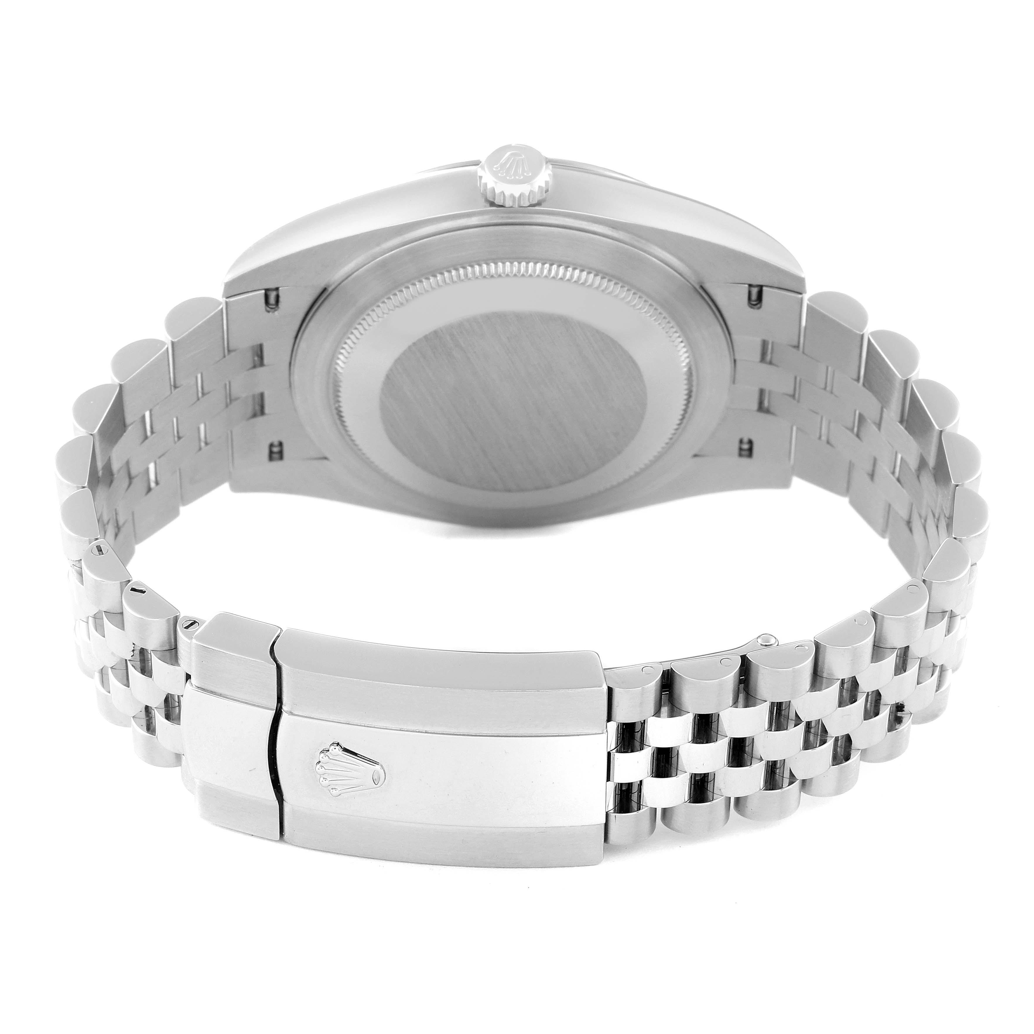 The image shows the back view of a Rolex Datejust 41 126334 Men
s Stainless Steel Blue Dial 126334 Men
s Stainless Steel Blue Dial watch, highlighting the case back, crown, and Jubilee bracelet with clasp.