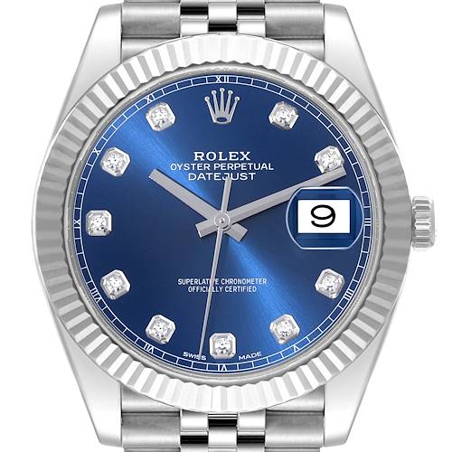 Photo of Rolex Datejust 41 Blue Diamond Dial Steel White Gold Mens Watch 126334 Box Card
