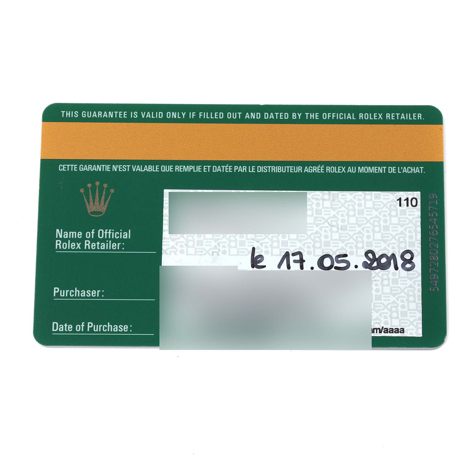 This image shows the guarantee card for the Rolex Datejust 41 126334 Men
s Stainless Steel Blue Dial 126334 Men
s Stainless Steel Blue Dial watch, displaying the date of purchase and other details.