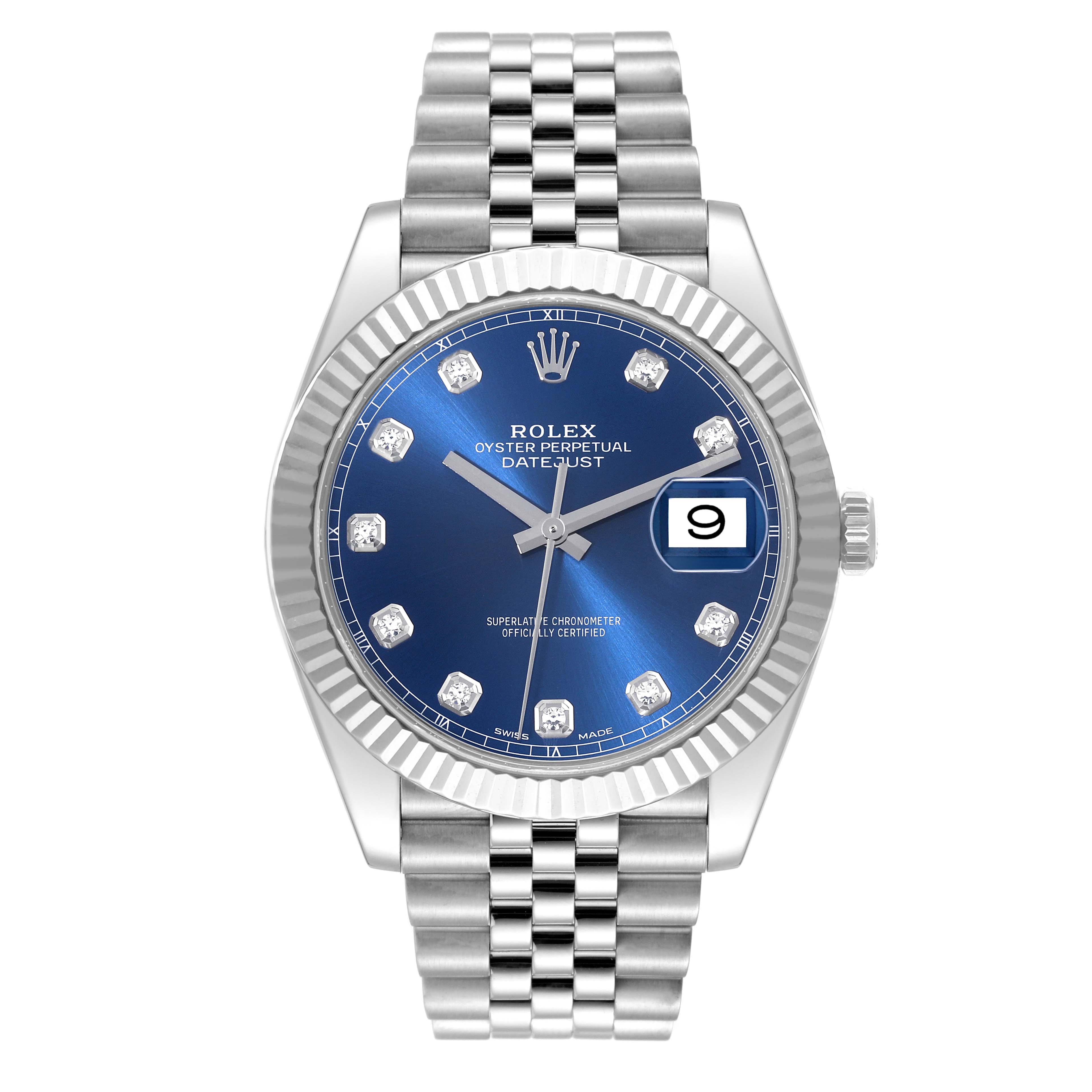 The image shows a front view of a Rolex Datejust 41 126334 Men
s Stainless Steel Blue Dial 126334 Men
s Stainless Steel Blue Dial watch, highlighting its blue dial, fluted bezel, and jubilee bracelet.