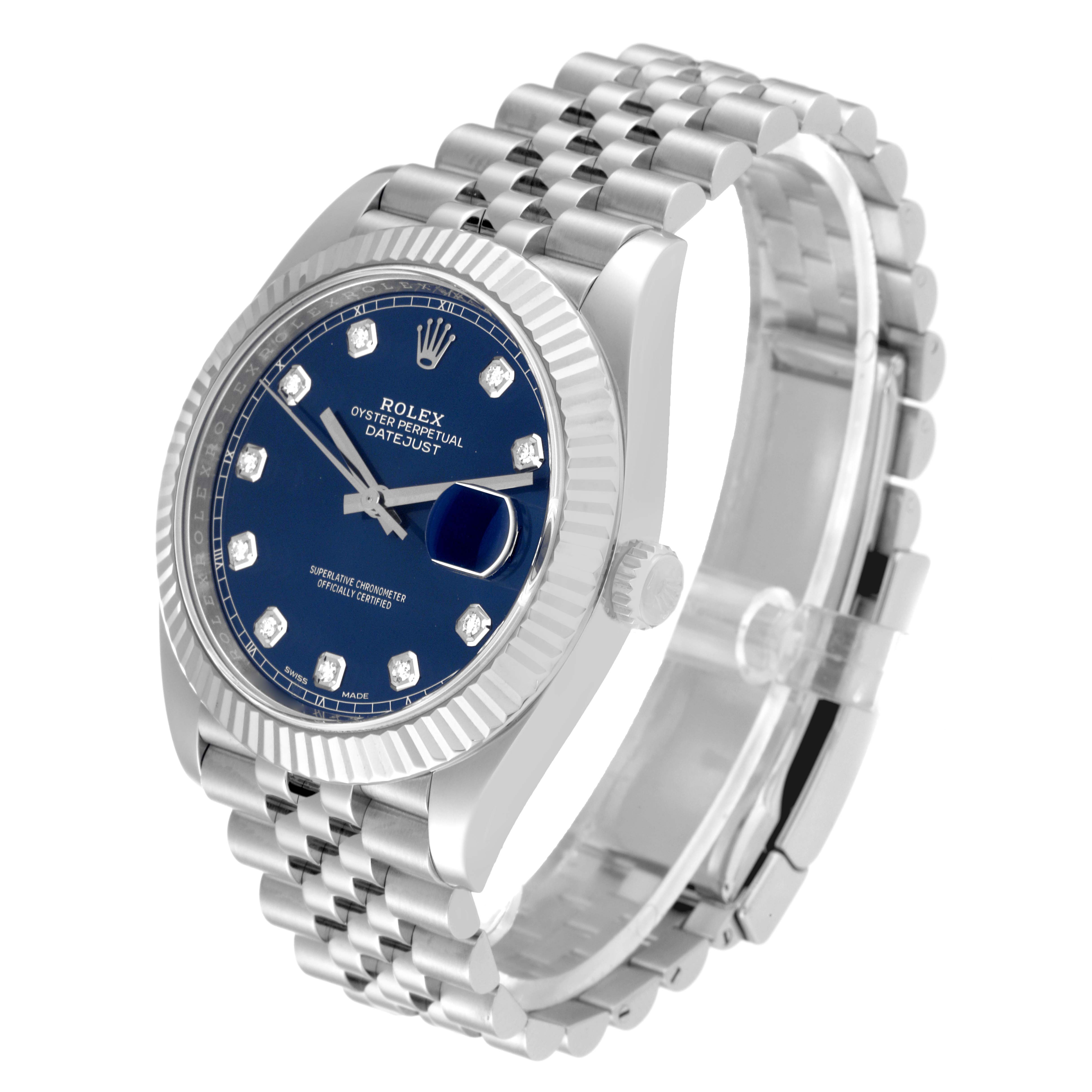 The Rolex Datejust 41 126334 Men
s Stainless Steel Blue Dial 126334 Men
s Stainless Steel Blue Dial watch is shown at a slight angle, highlighting its blue dial, fluted bezel, and jubilee bracelet.