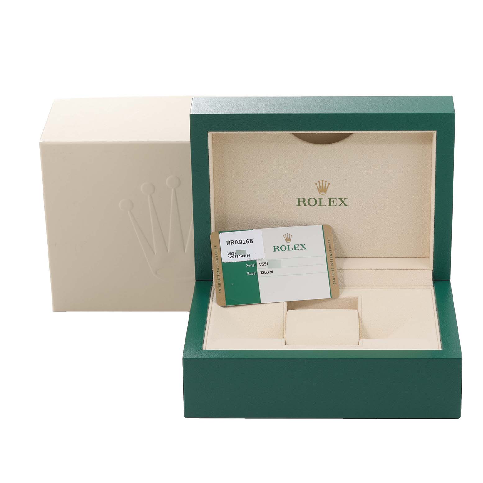 The image shows the packaging box and warranty card for a Rolex Datejust 41 126334 Men
s Stainless Steel Blue Dial 126334 Men
s Stainless Steel Blue Dial model.