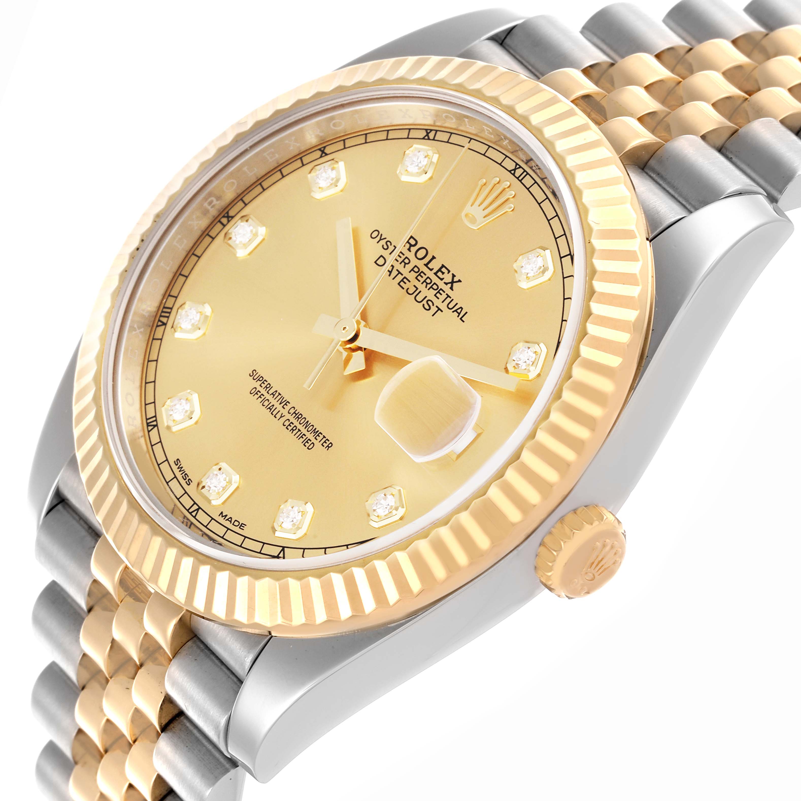 The Rolex Datejust 41 126333 Men's Steel and Gold (two tone) Champagne Dial 126333 Men's Steel and Gold (two tone) Champagne Dial watch is shown at an angle highlighting the face, bezel, crown, and part of the bracelet.