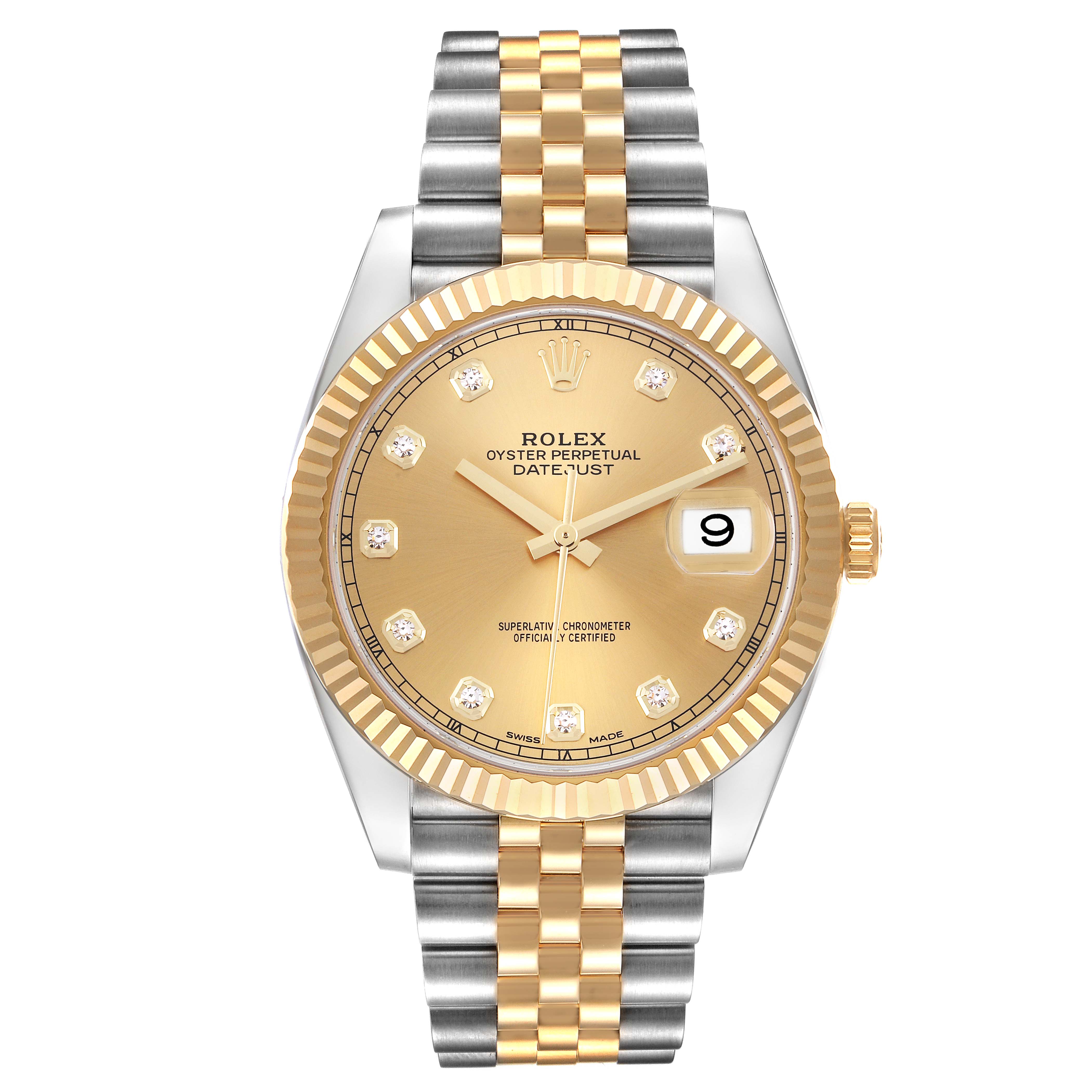 The image shows a front view of the Rolex Datejust 41 126333 Men's Steel and Gold (two tone) Champagne Dial 126333 Men's Steel and Gold (two tone) Champagne Dial watch, highlighting the dial, bezel, and bracelet.