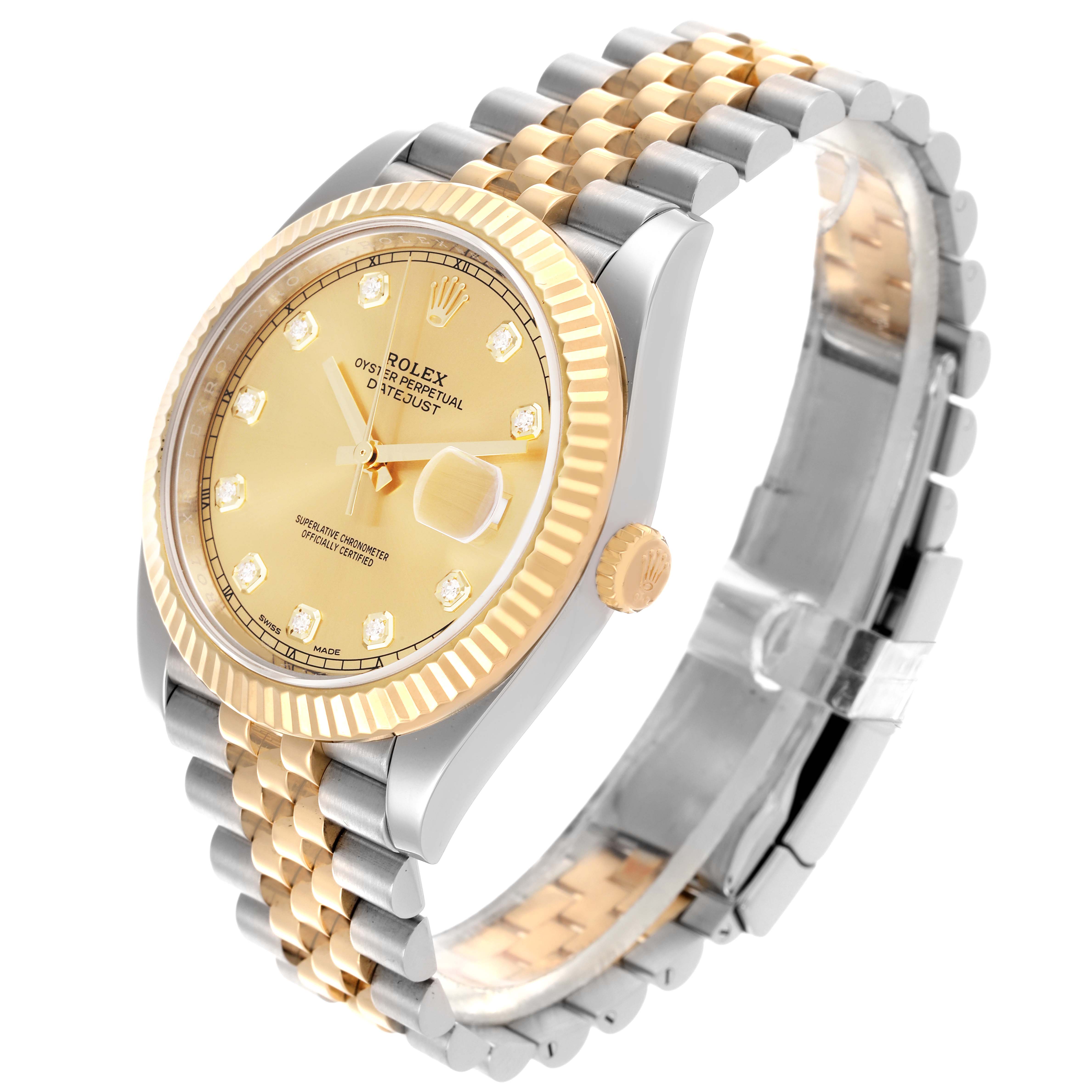 The Rolex Datejust 41 126333 Men's Steel and Gold (two tone) Champagne Dial 126333 Men's Steel and Gold (two tone) Champagne Dial watch is shown at an oblique angle, focusing on the dial, bezel, and bracelet.