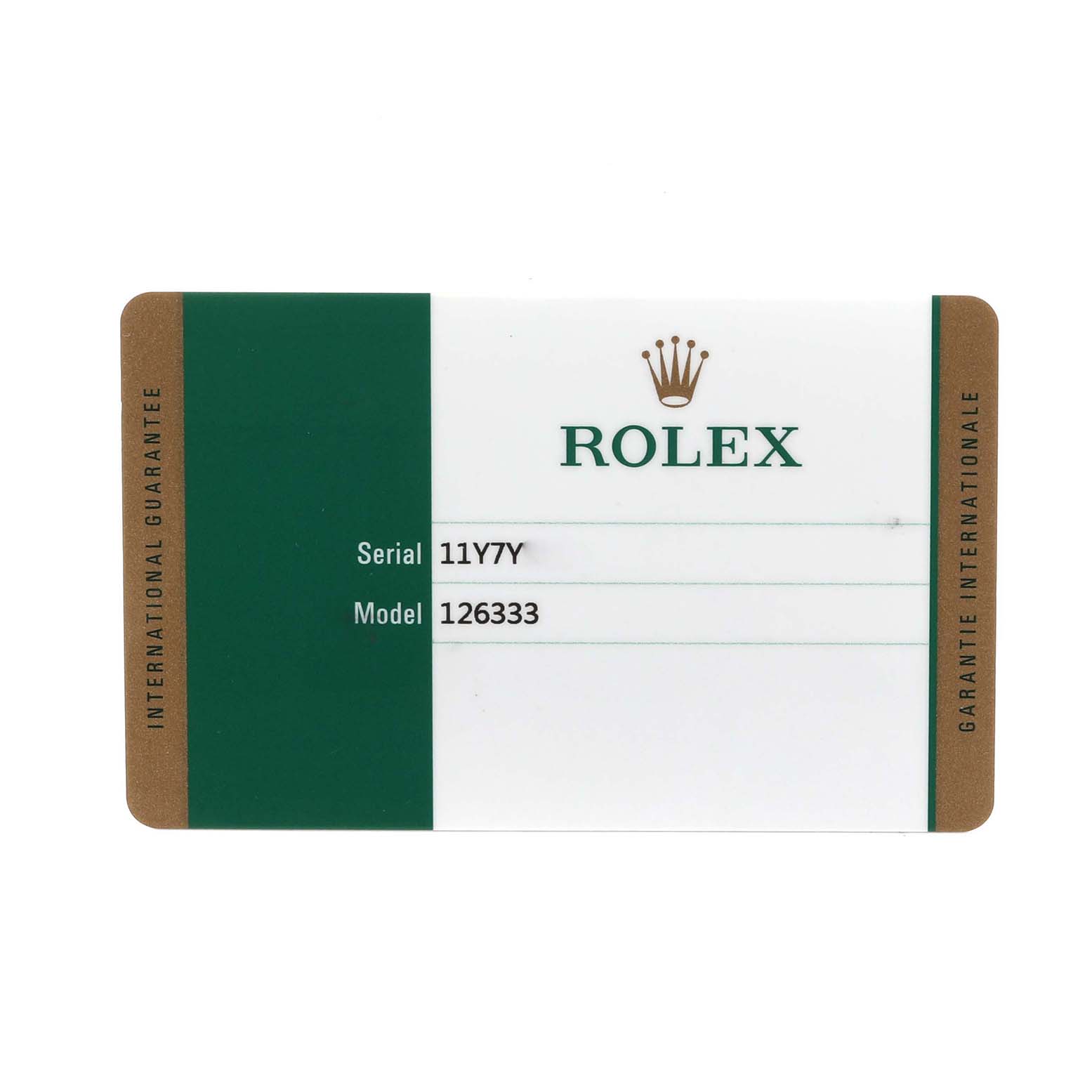 The image shows an international guarantee card for the Rolex Datejust 41 126333 Men's Steel and Gold (two tone) Champagne Dial 126333 Men's Steel and Gold (two tone) Champagne Dial model 126333.