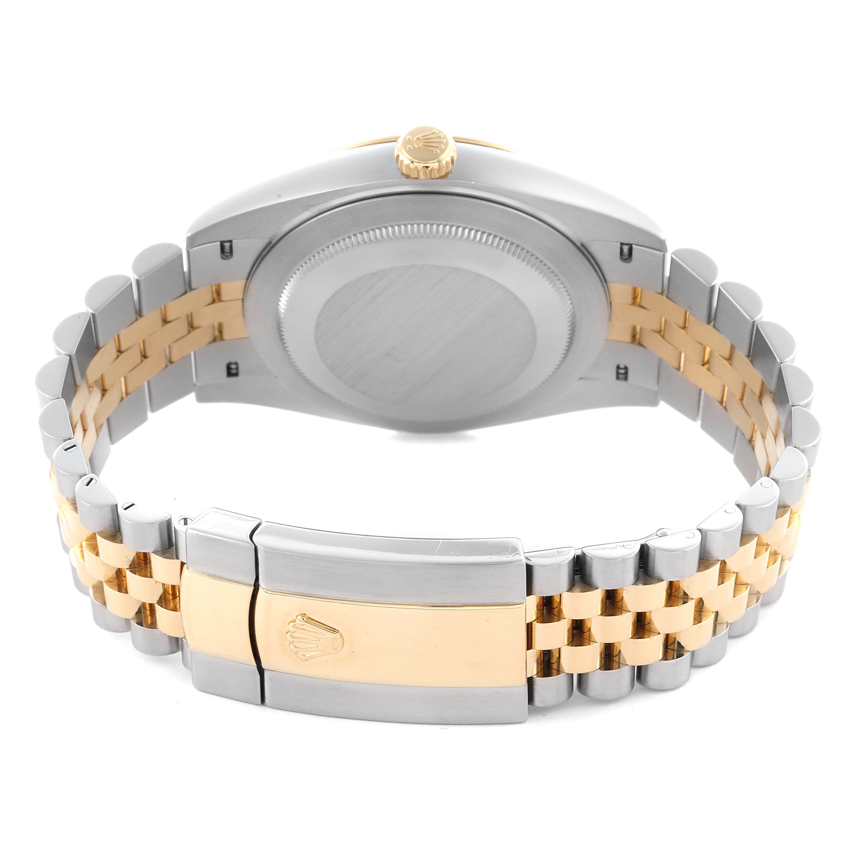 This image shows the back case, crown, and two-tone bracelet clasp of a Rolex Datejust 41 126333 Men's Steel and Gold (two tone) Champagne Dial 126333 Men's Steel and Gold (two tone) Champagne Dial.