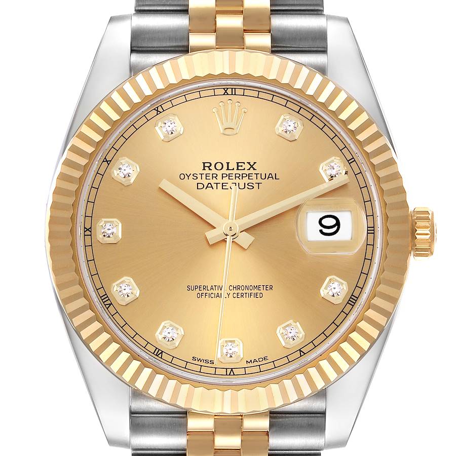 The Rolex Datejust 41 is shown front-facing, highlighting the dial, bezel, and part of the bracelet.