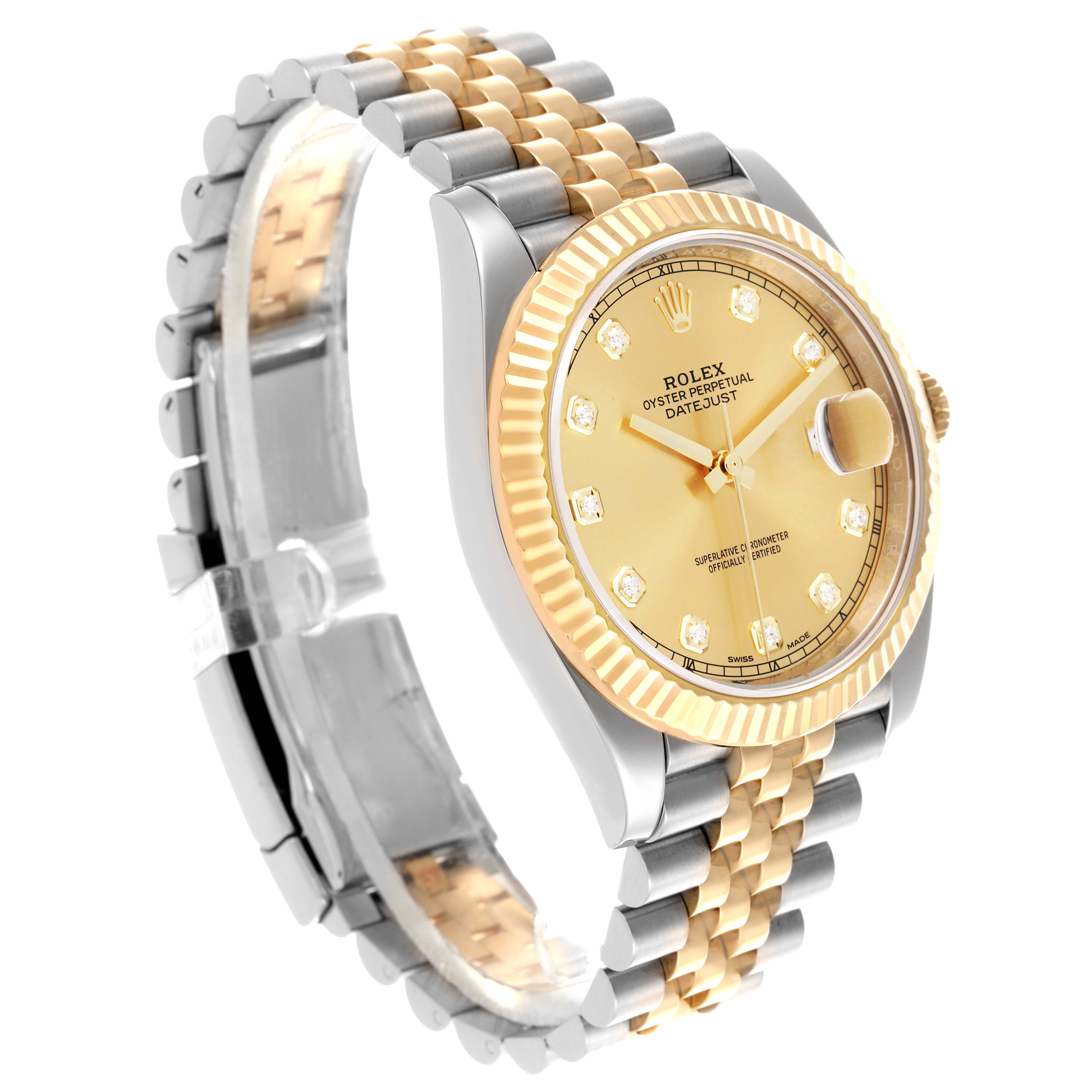 The Rolex Datejust 41 126333 Men's Steel and Gold (two tone) Champagne Dial 126333 Men's Steel and Gold (two tone) Champagne Dial watch is shown from a top-front angle, displaying the face, bezel, and two-tone bracelet.
