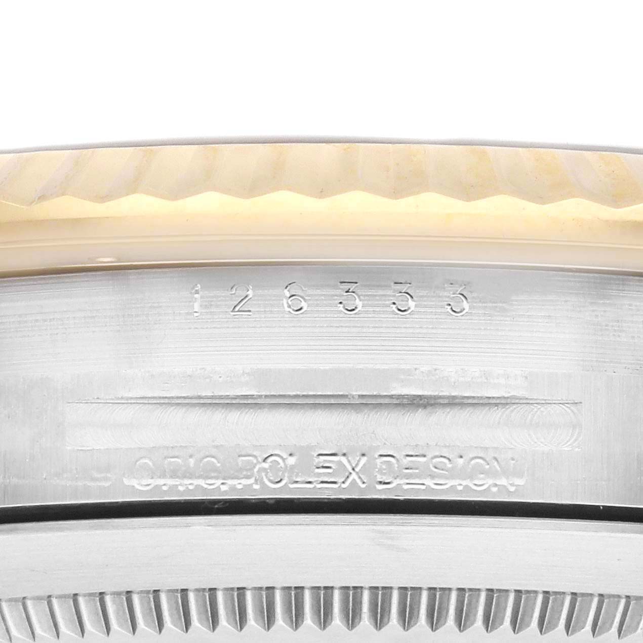 The image shows a close-up of the side of the Rolex Datejust 41 126333 Men's Steel and Gold (two tone) Champagne Dial 126333 Men's Steel and Gold (two tone) Champagne Dial, highlighting the model number and text.