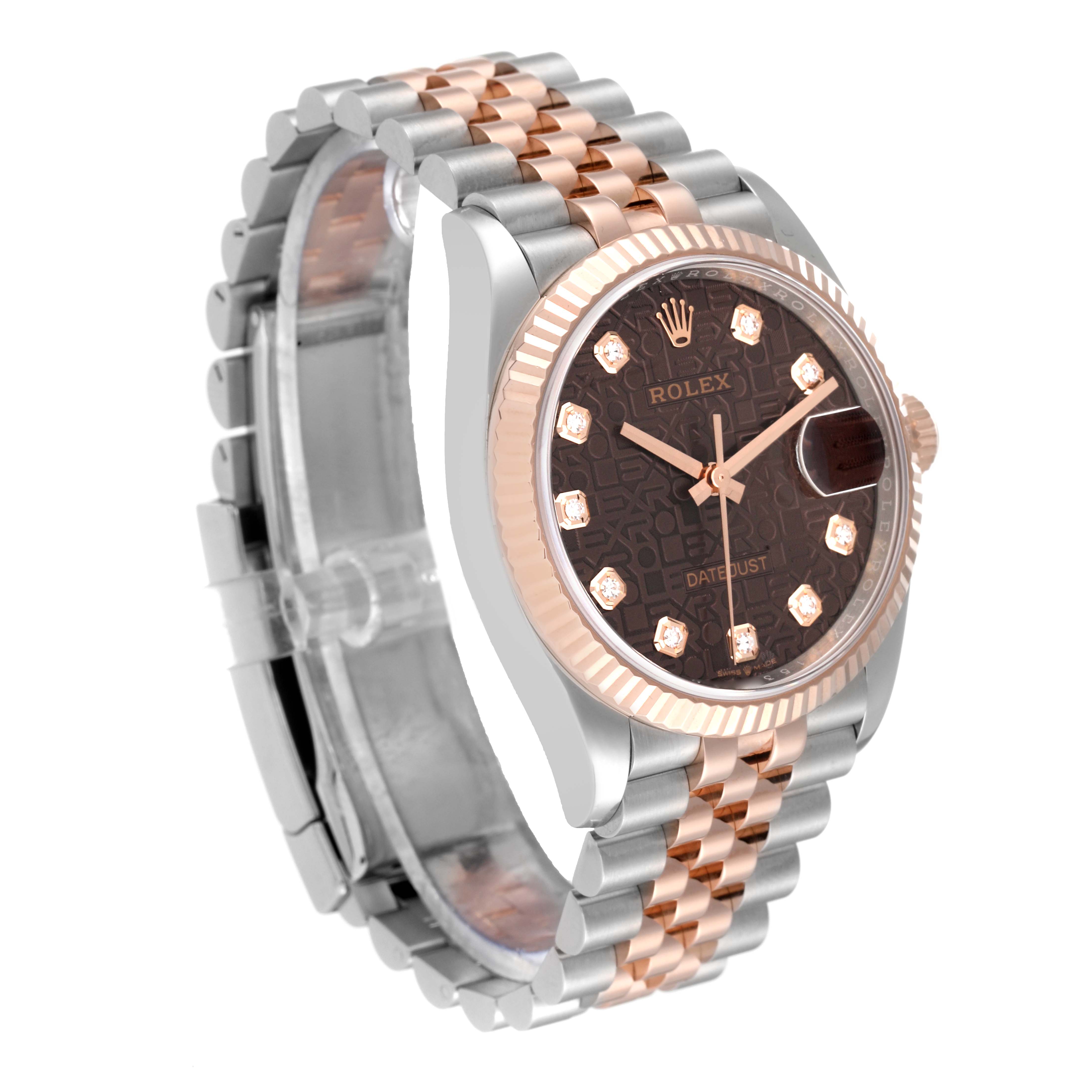 The image shows a Rolex Datejust 126231 Men's Steel and Gold (two tone) Brown Dial 126231 Men's Steel and Gold (two tone) Brown Dial watch with a two-tone metal bracelet, featuring a brown dial and diamond hour markers.