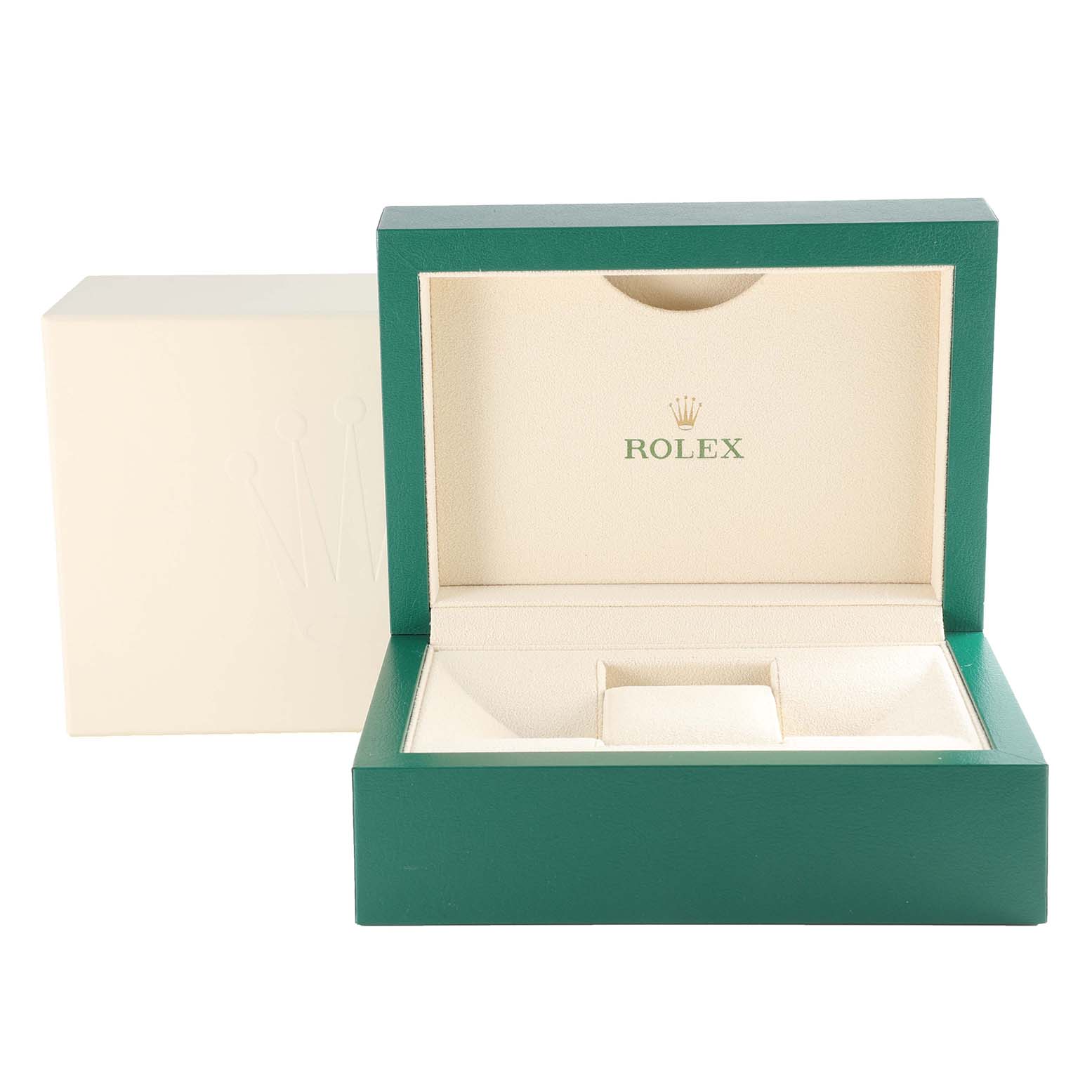 The image shows an open green and beige Rolex watch box for the Datejust model.