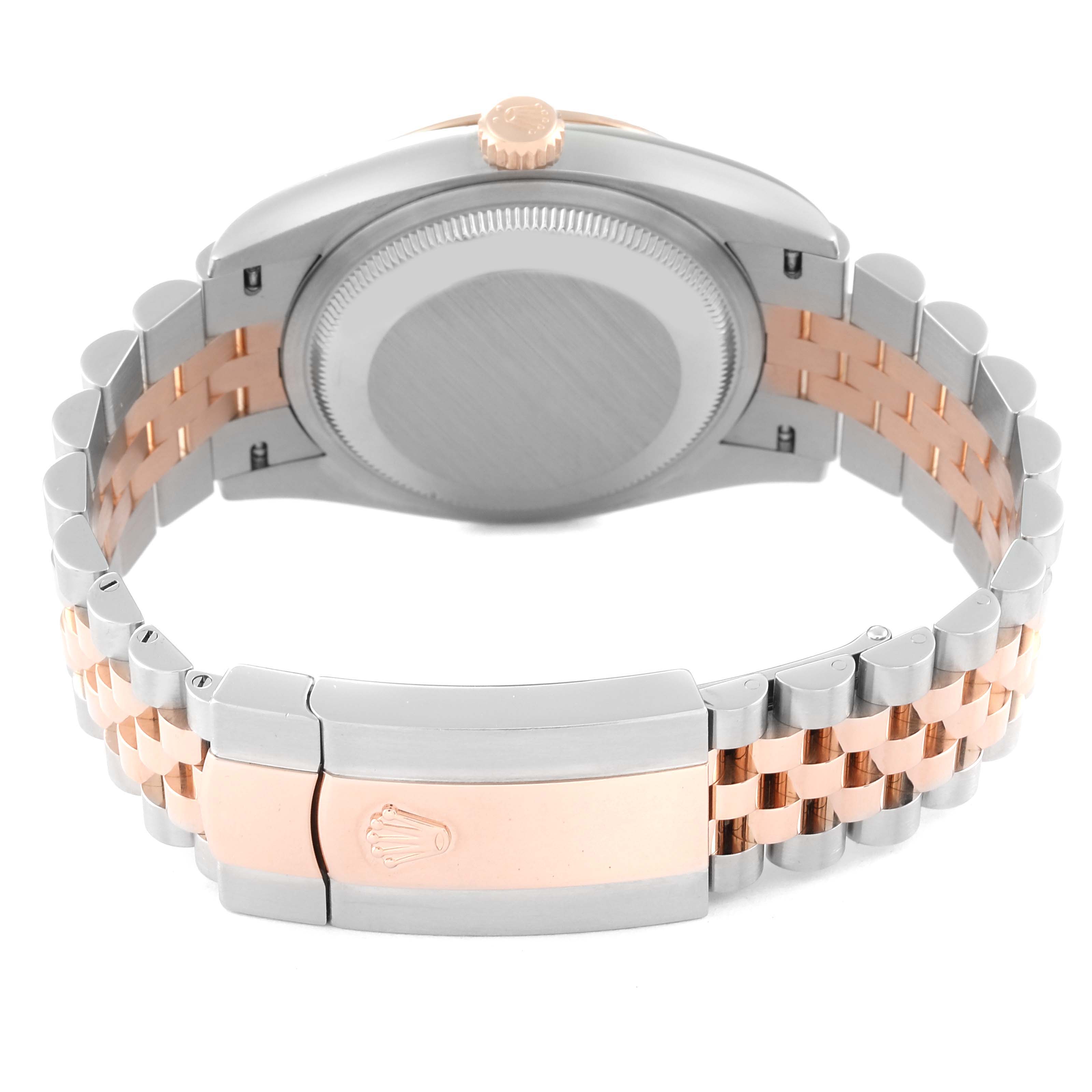 This image shows the back of the Rolex Datejust 126231 Men's Steel and Gold (two tone) Brown Dial 126231 Men's Steel and Gold (two tone) Brown Dial watch, highlighting its case and bracelet clasp.