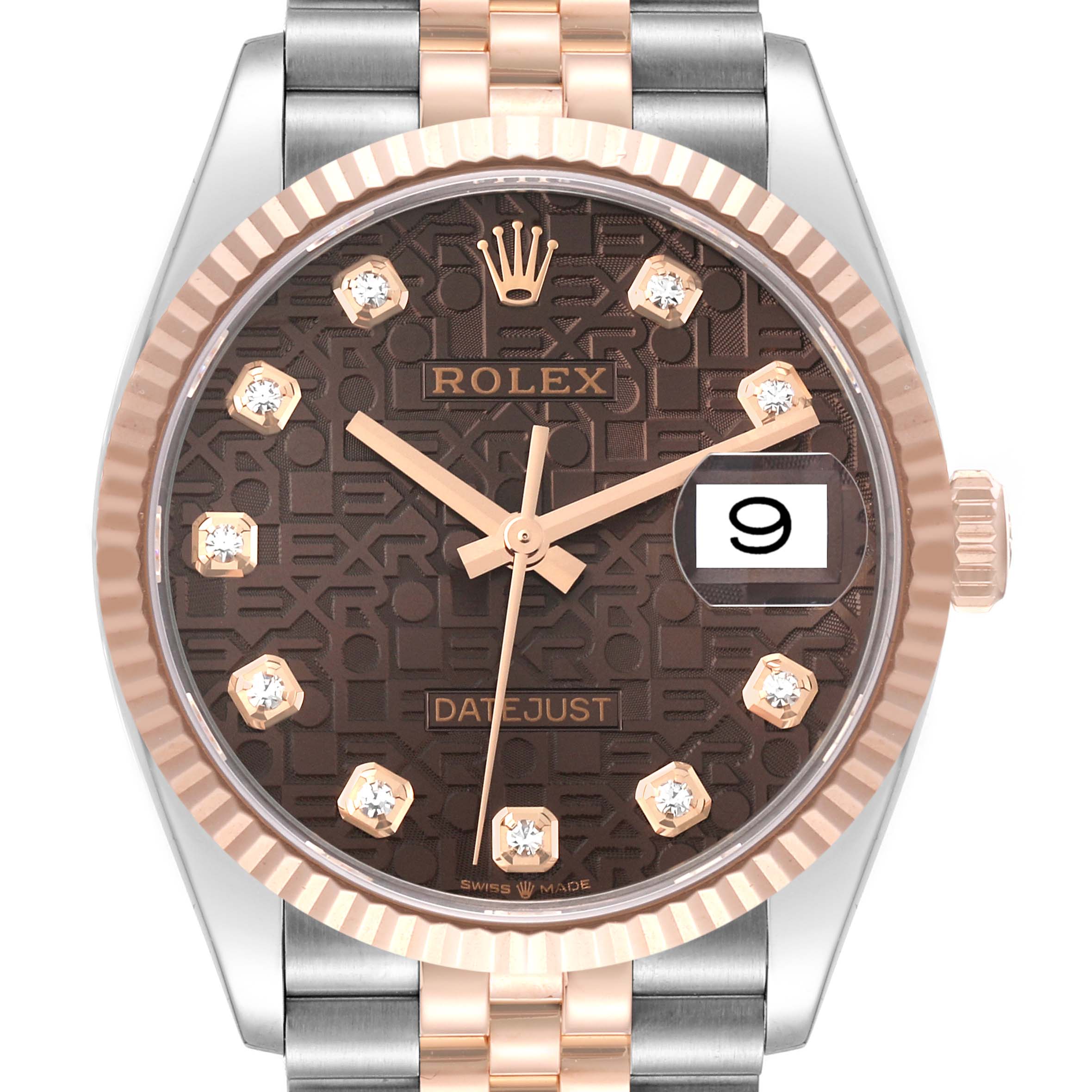 This image shows a close-up of the face of a Rolex Datejust 126231 Men's Steel and Gold (two tone) Brown Dial 126231 Men's Steel and Gold (two tone) Brown Dial watch, featuring a brown dial with diamond hour markers, and a date window.