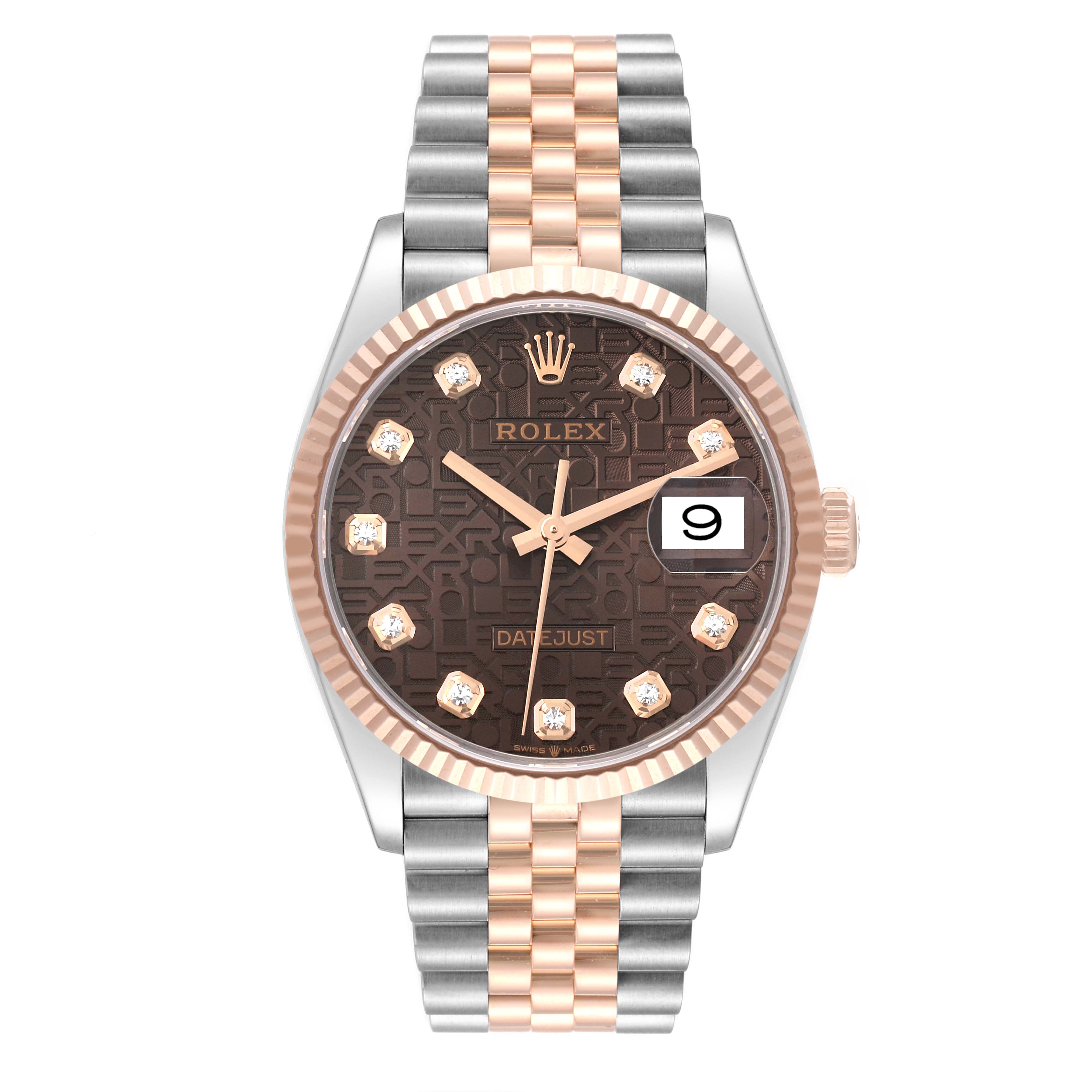 The image shows a front view of the Rolex Datejust 126231 Men's Steel and Gold (two tone) Brown Dial 126231 Men's Steel and Gold (two tone) Brown Dial watch, featuring a two-tone bracelet, brown dial, and diamond markers.