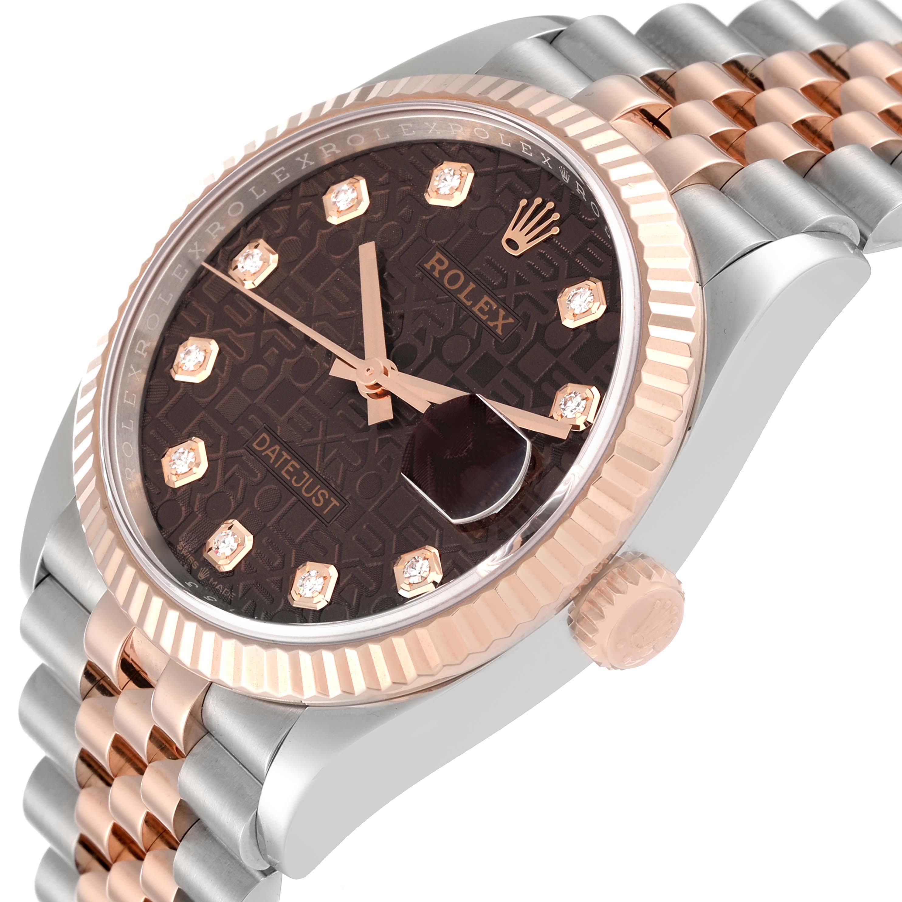 This image shows a close-up angle of the Rolex Datejust 126231 Men's Steel and Gold (two tone) Brown Dial 126231 Men's Steel and Gold (two tone) Brown Dial watch featuring the bezel, face with diamond markers, and part of the bracelet.