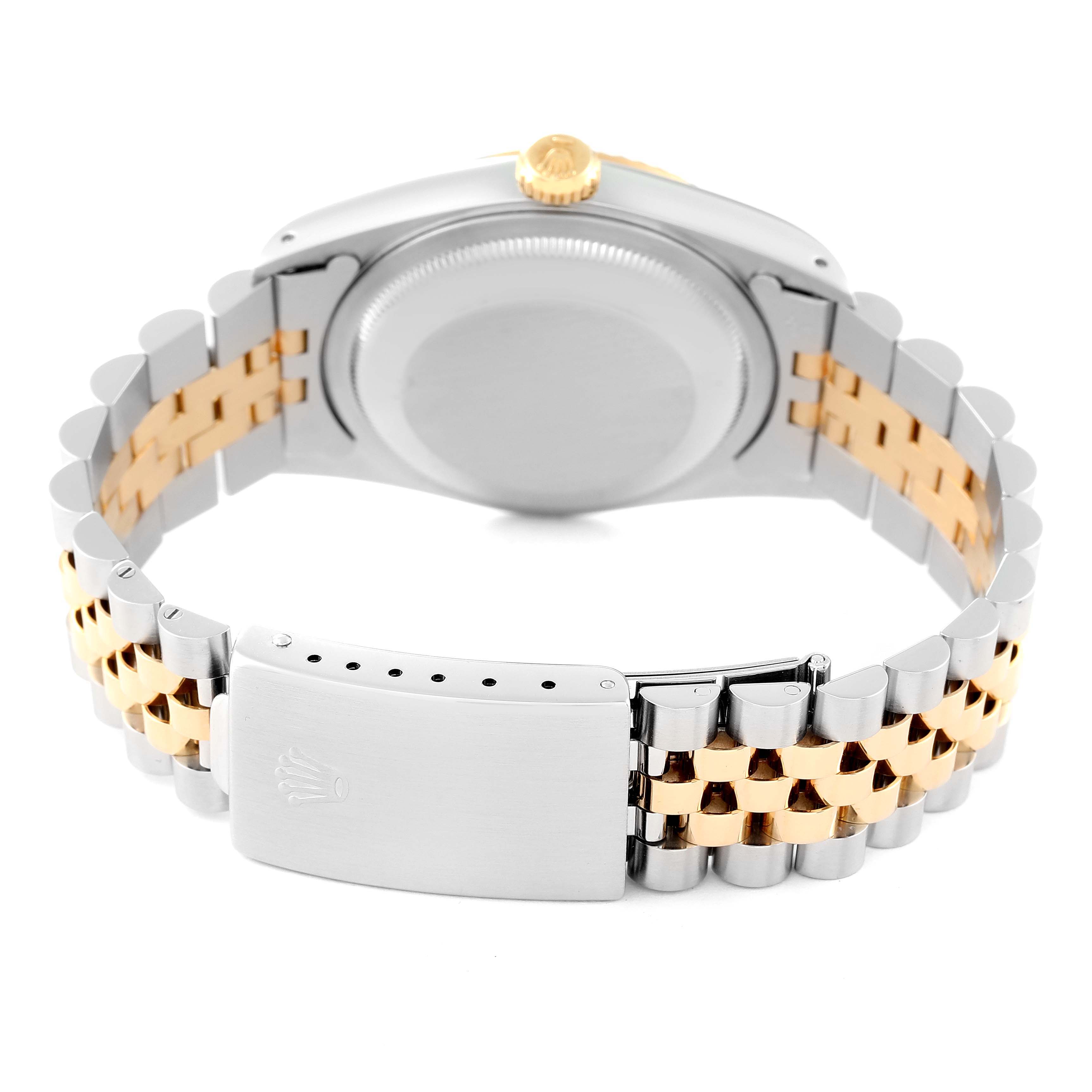 This image shows the back angle of a Rolex Datejust 16233 Men's Steel and Gold (two tone) Champagne Dial 16233 Men's Steel and Gold (two tone) Champagne Dial watch, featuring its clasp and jubilee bracelet.