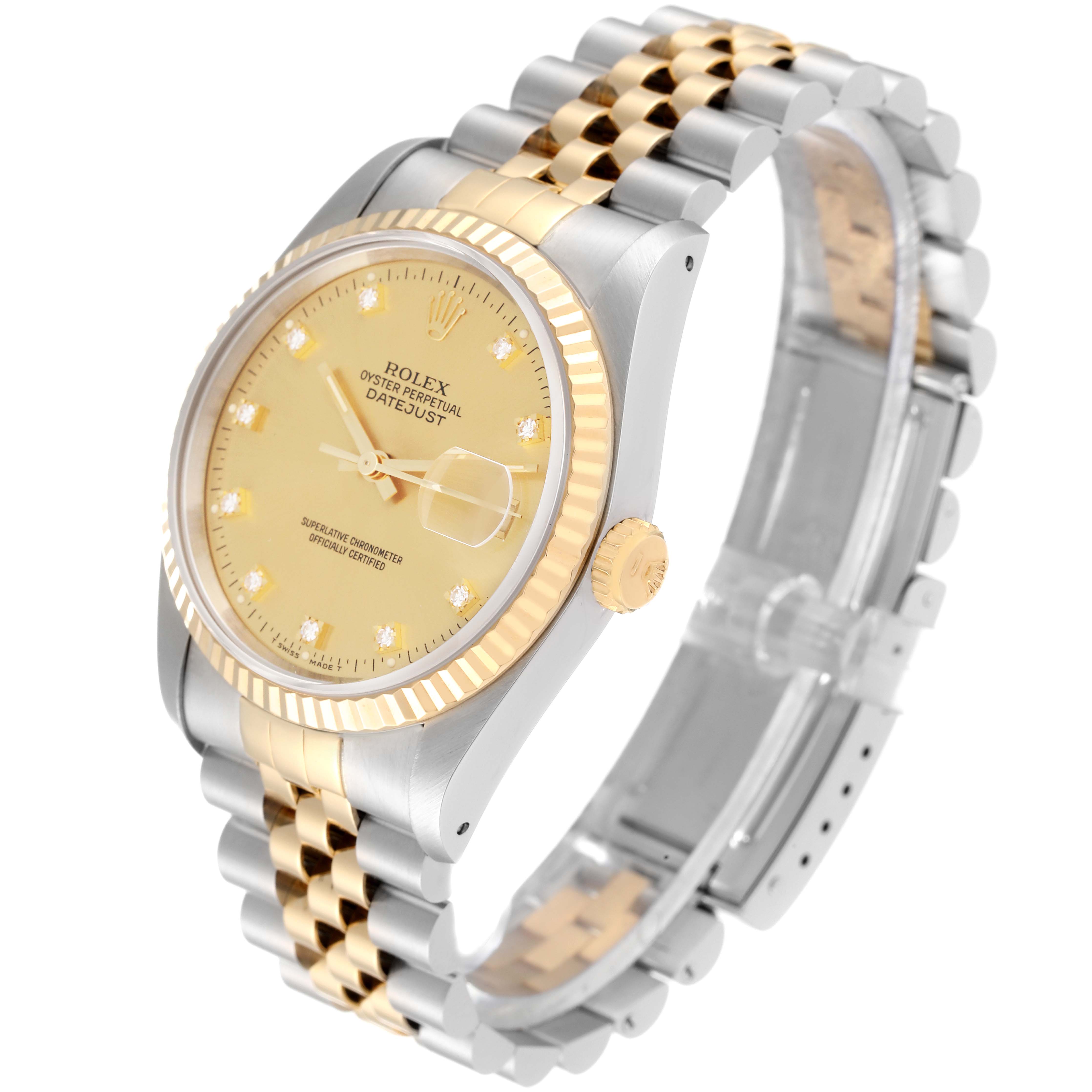 The image shows a Rolex Datejust 16233 Men's Steel and Gold (two tone) Champagne Dial 16233 Men's Steel and Gold (two tone) Champagne Dial watch angled to display its face, bezel, crown, and two-tone bracelet.