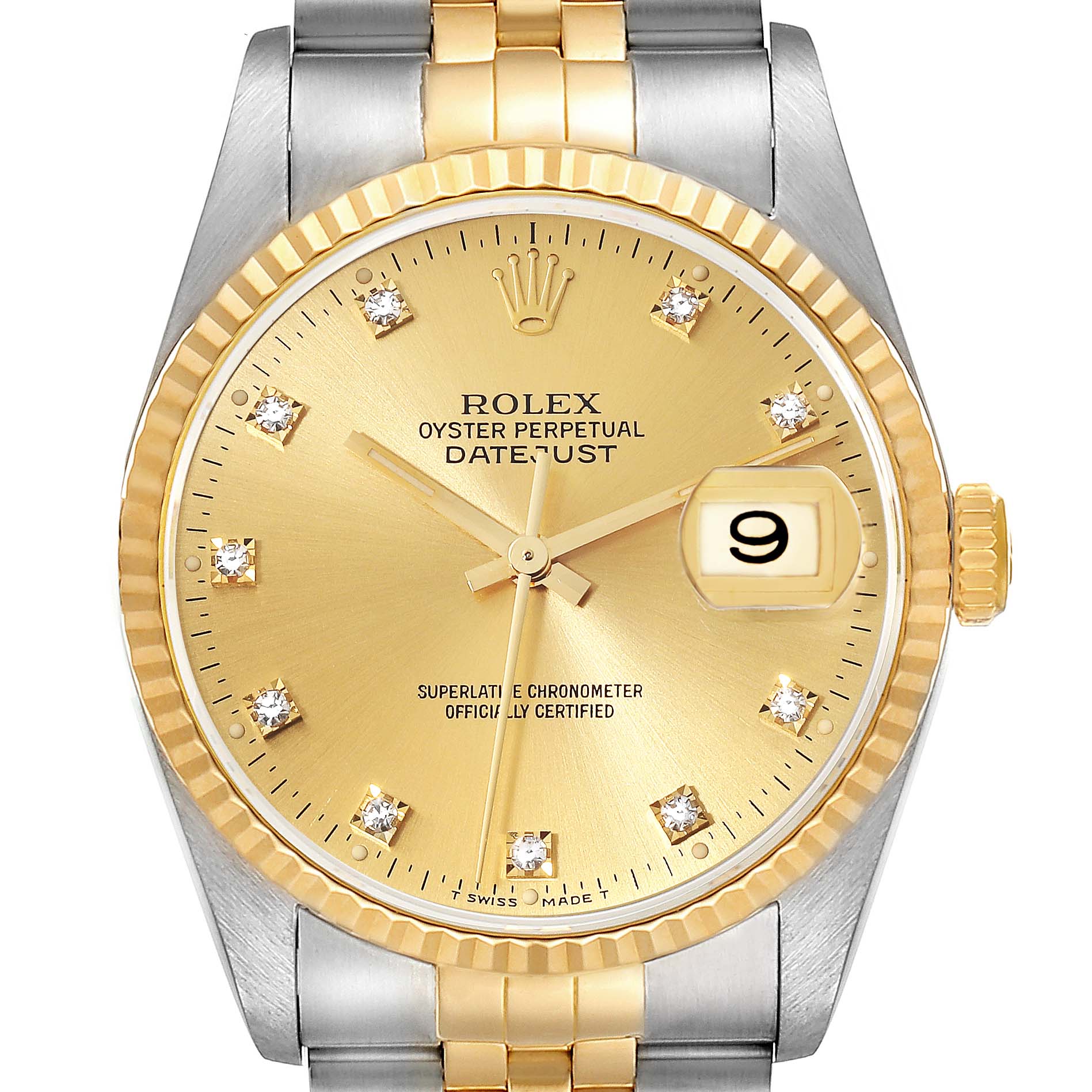 This image shows the face, bezel, and part of the bracelet of a Rolex Datejust 16233 Men's Steel and Gold (two tone) Champagne Dial 16233 Men's Steel and Gold (two tone) Champagne Dial watch, viewed from the front.