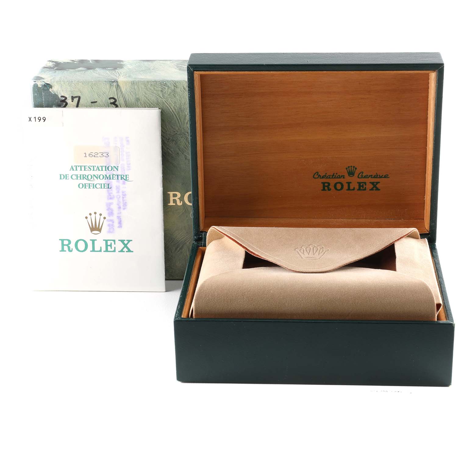 This image shows a Rolex Datejust 16233 Men's Steel and Gold (two tone) Champagne Dial 16233 Men's Steel and Gold (two tone) Champagne Dial packaging box, cushion, and official documents from a front angle.