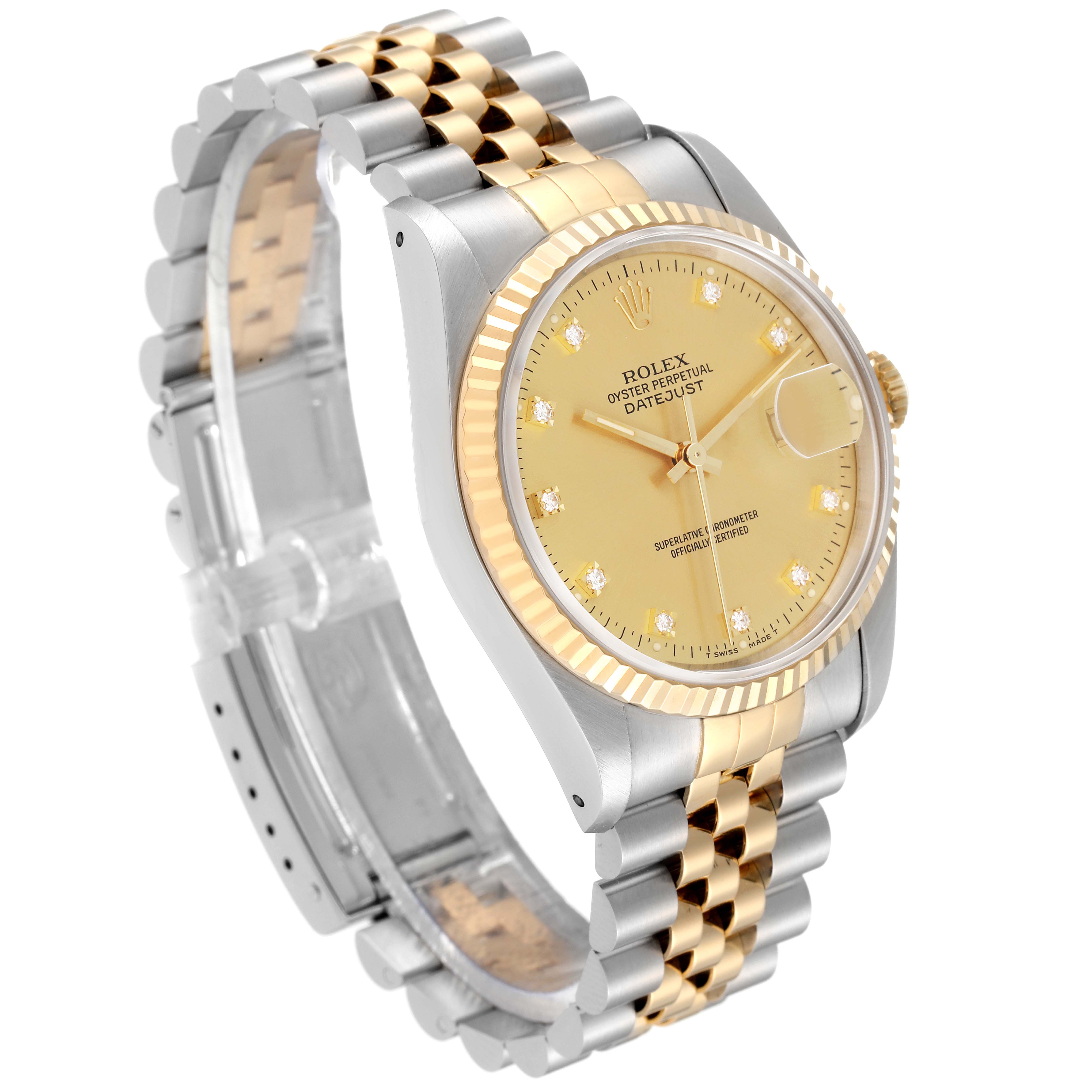 The image shows a Rolex Datejust 16233 Men's Steel and Gold (two tone) Champagne Dial 16233 Men's Steel and Gold (two tone) Champagne Dial watch at a three-quarter angle, highlighting its dial, fluted bezel, and Jubilee bracelet.