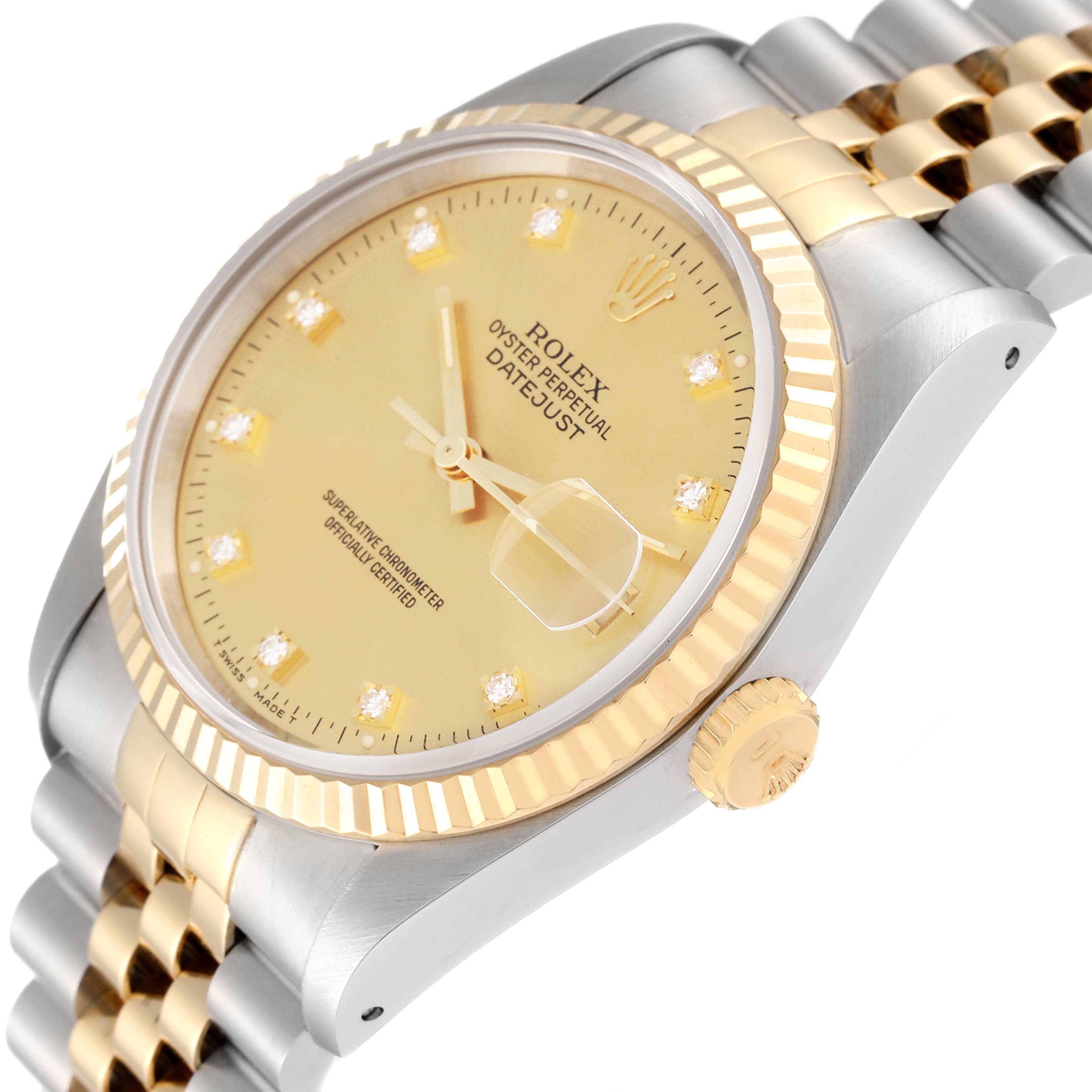 This image shows a close-up, angled view of the Rolex Datejust 16233 Men's Steel and Gold (two tone) Champagne Dial 16233 Men's Steel and Gold (two tone) Champagne Dial watch, highlighting its face, bezel, and crown.
