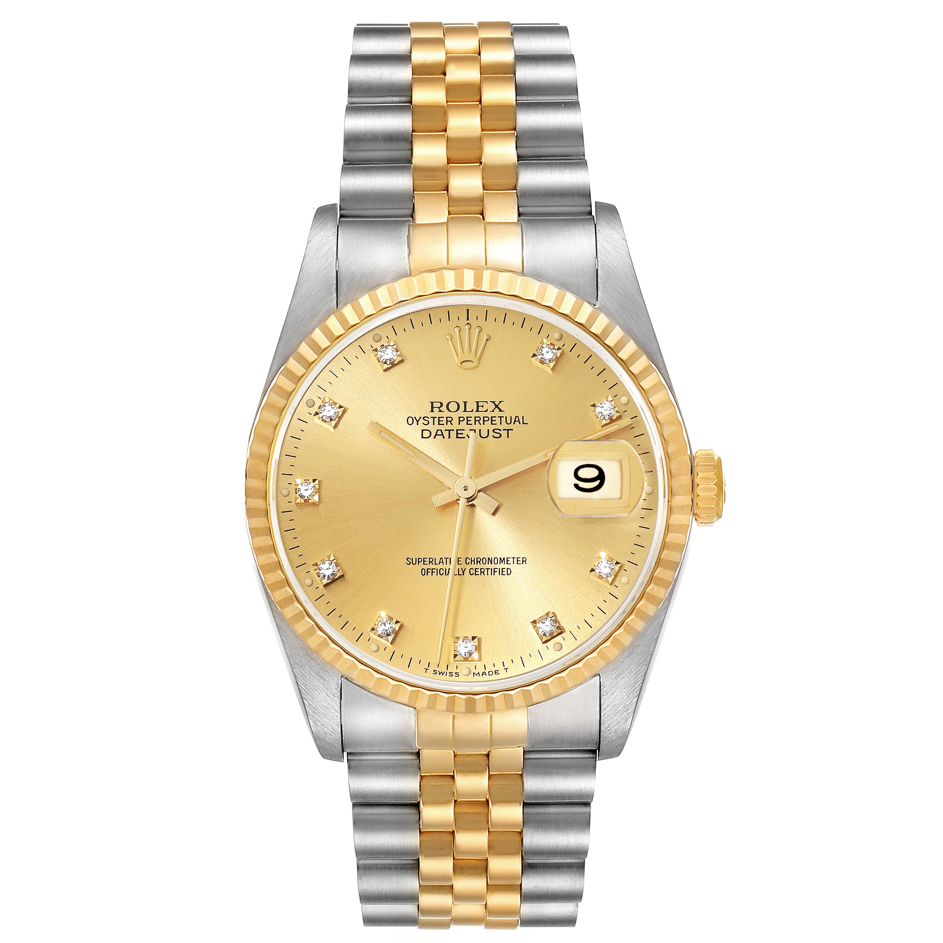This image shows a frontal view of a Rolex Datejust 16233 Men's Steel and Gold (two tone) Champagne Dial 16233 Men's Steel and Gold (two tone) Champagne Dial watch with a two-tone bracelet and a gold dial.