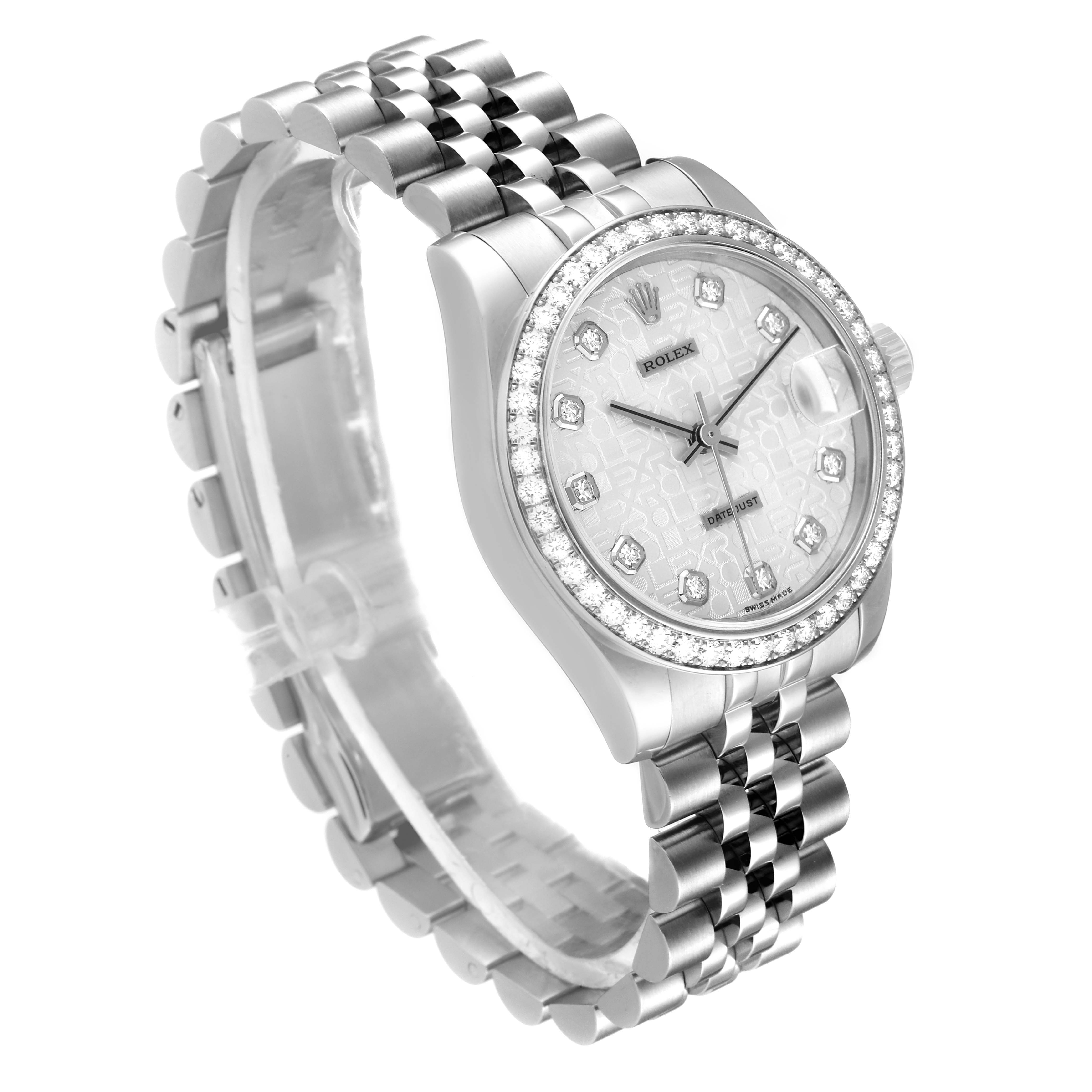 This Rolex Mid-Size 178384 Women's Stainless Steel Silver Dial 178384 Women's Stainless Steel Silver Dial model watch is shown at a three-quarter angle, displaying the face, bezel, and bracelet.